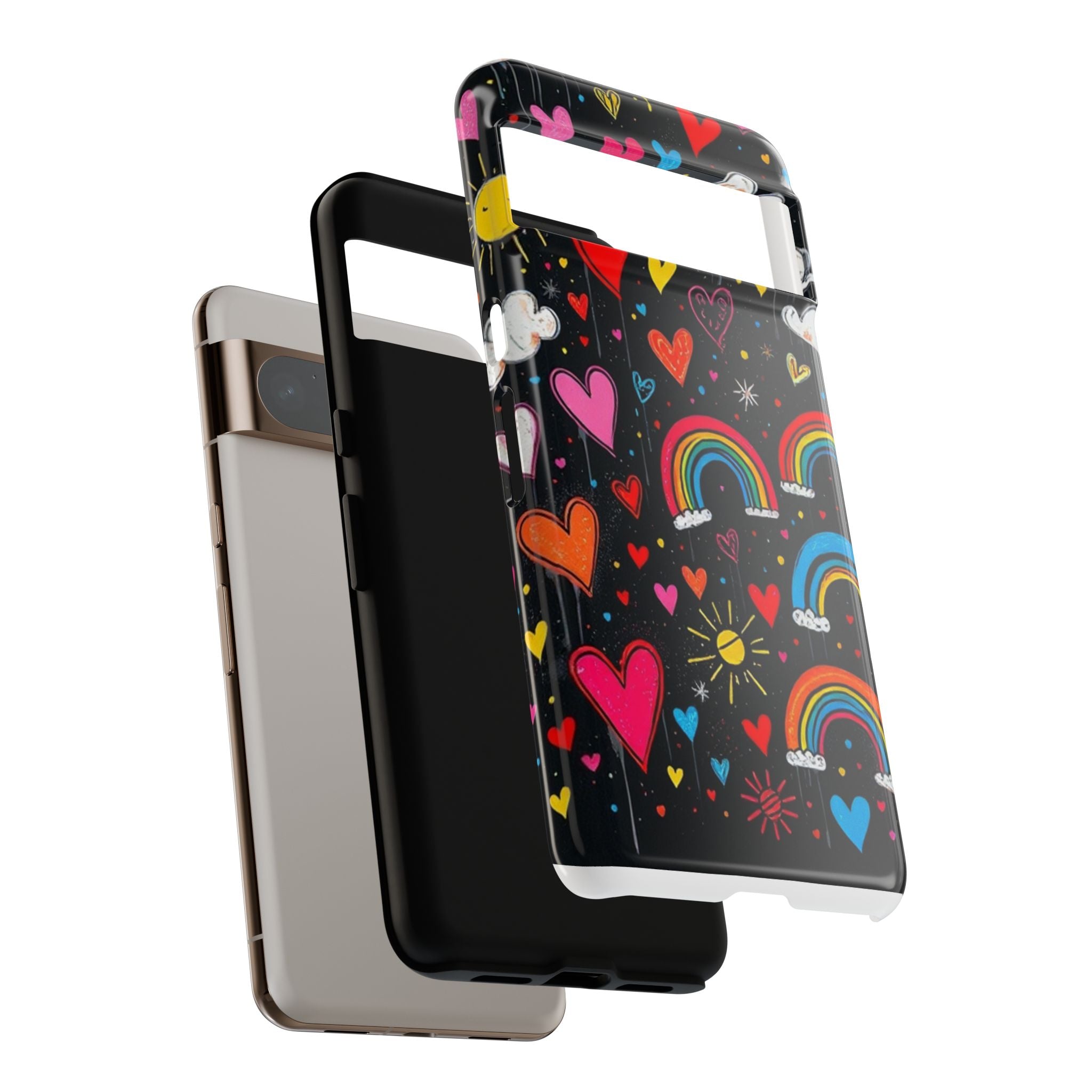 Android OR iPhone Compatible Cases - Doodle Hearts and Rainbows Design