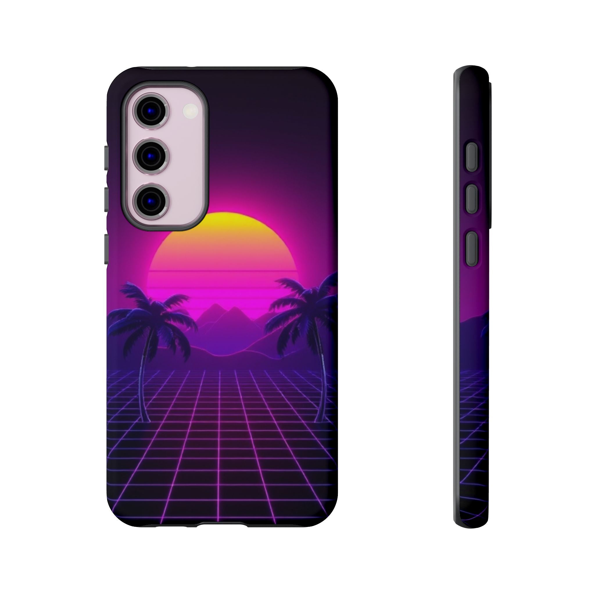 Android OR iPhone Compatible Cases - 80's Digital Grid Sunset Design - Unique Tough Cases