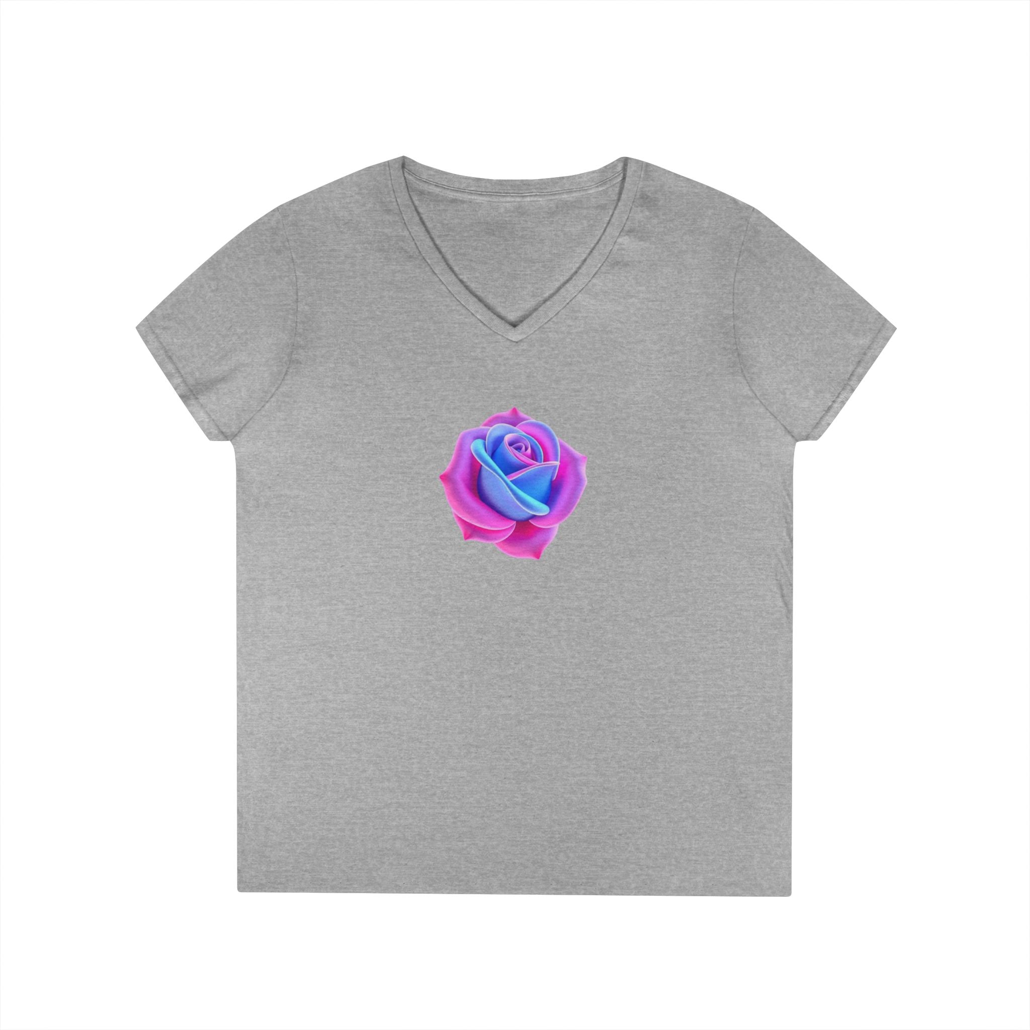 Ladies' V-Neck T-Shirt with Vibrant Trans Colors Rose Design - Perfect for Casual Wear and Gifts