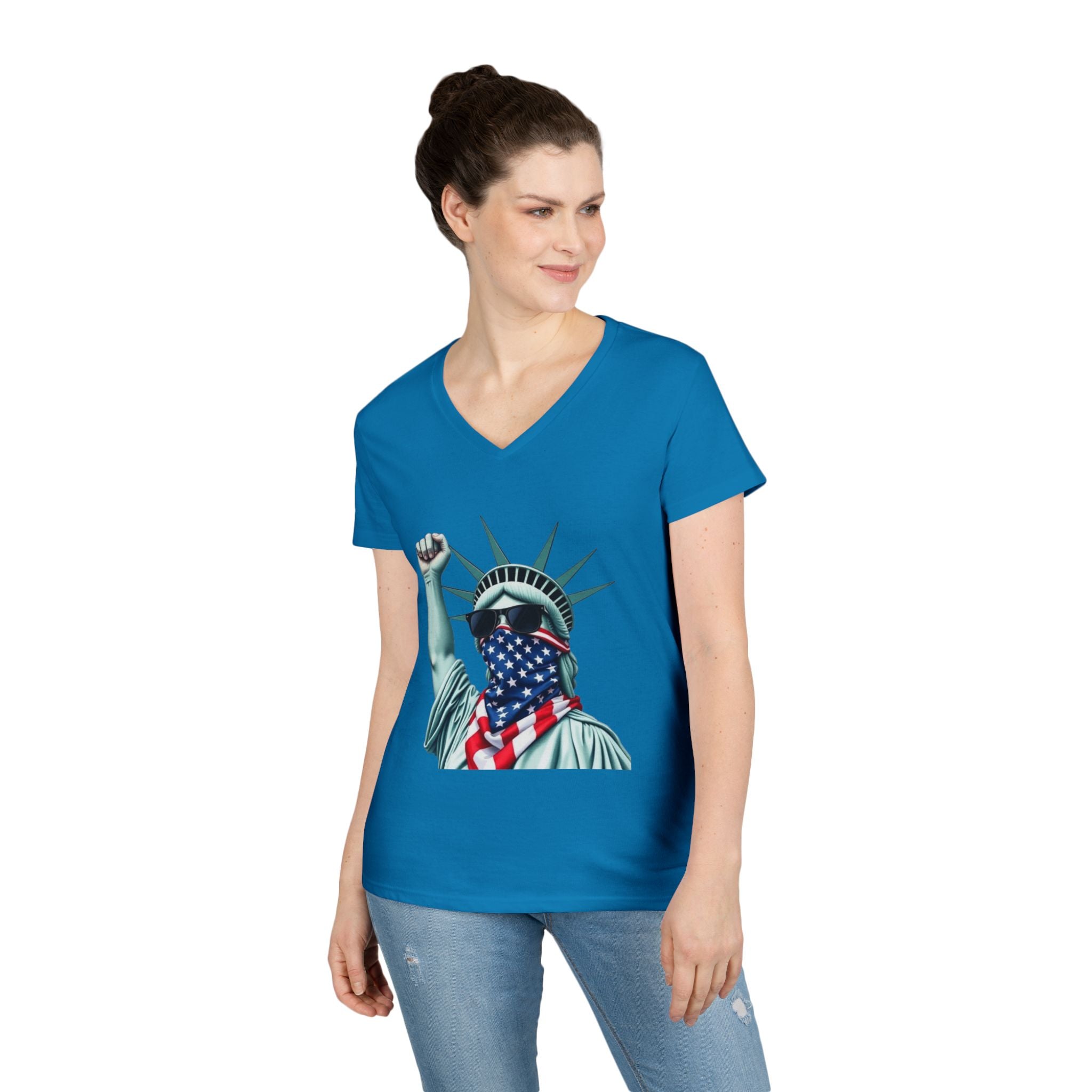 Patriotic Ladies' V-Neck T-Shirt - Resist Statue of Liberty Design