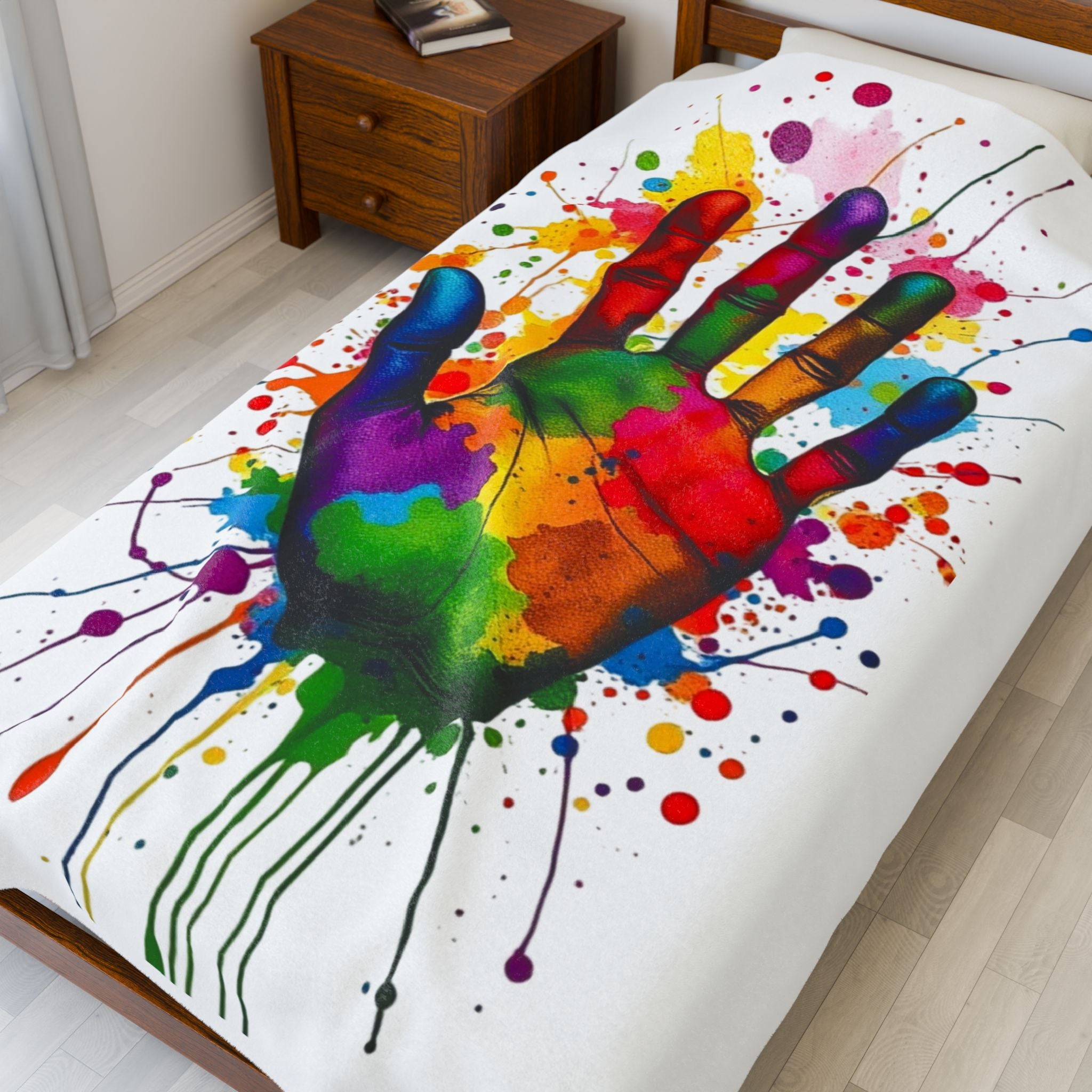 Rainbow Splash Handprint White Background Velveteen Plush Blanket – For Comfort and Warmth