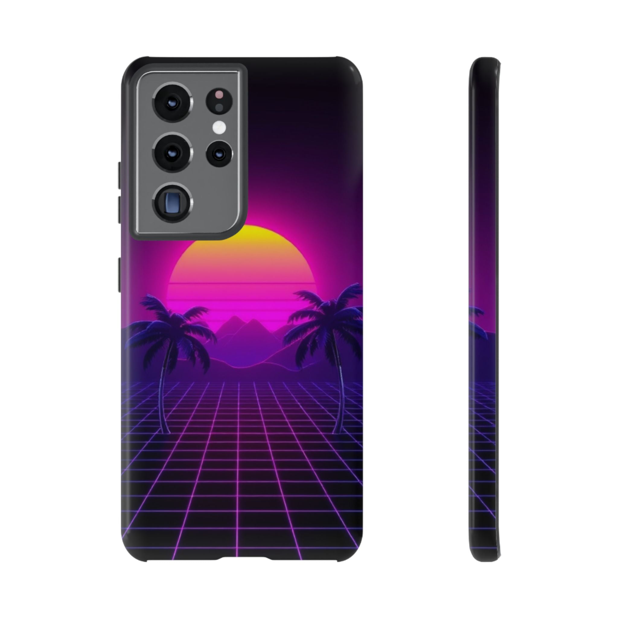 Android OR iPhone Compatible Cases - 80's Digital Grid Sunset Design - Unique Tough Cases