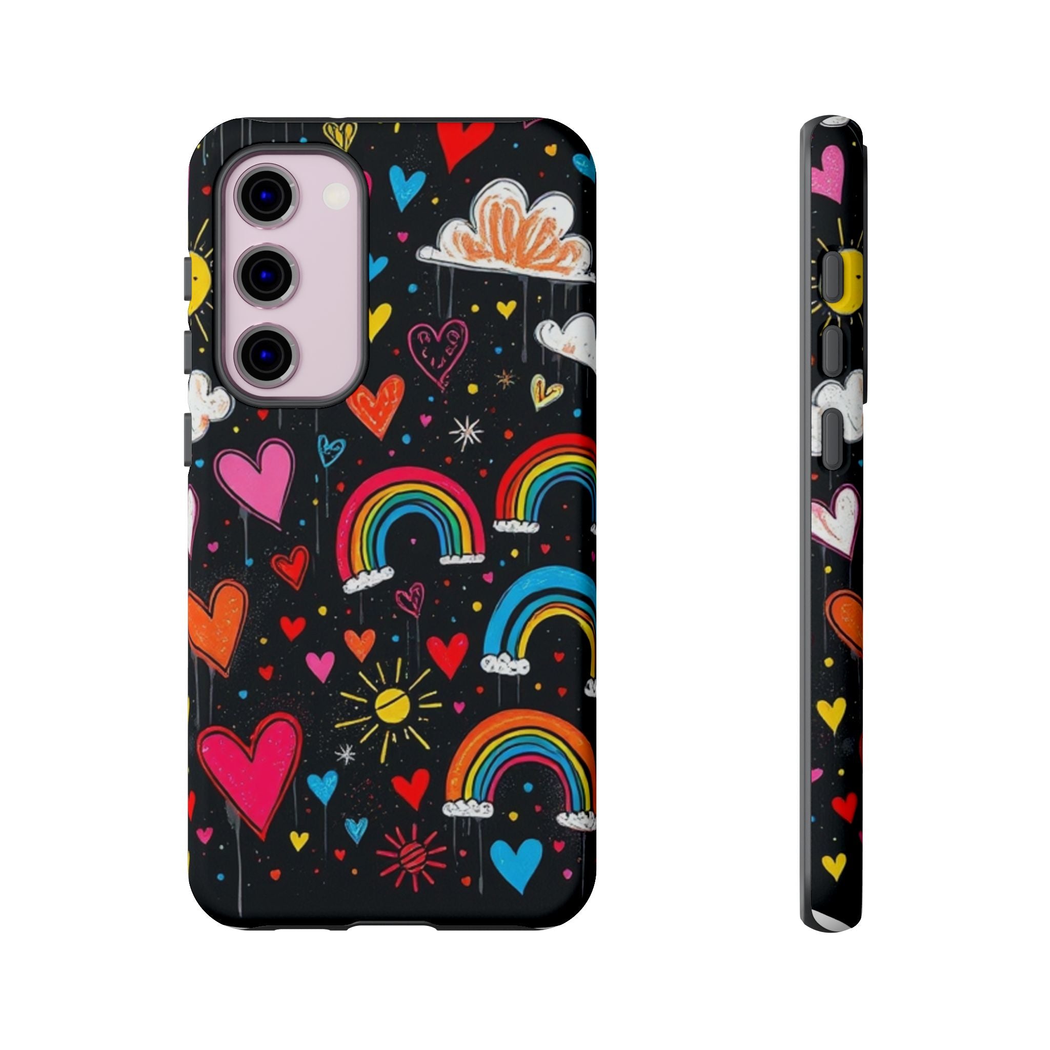 Android OR iPhone Compatible Cases - Doodle Hearts and Rainbows Design
