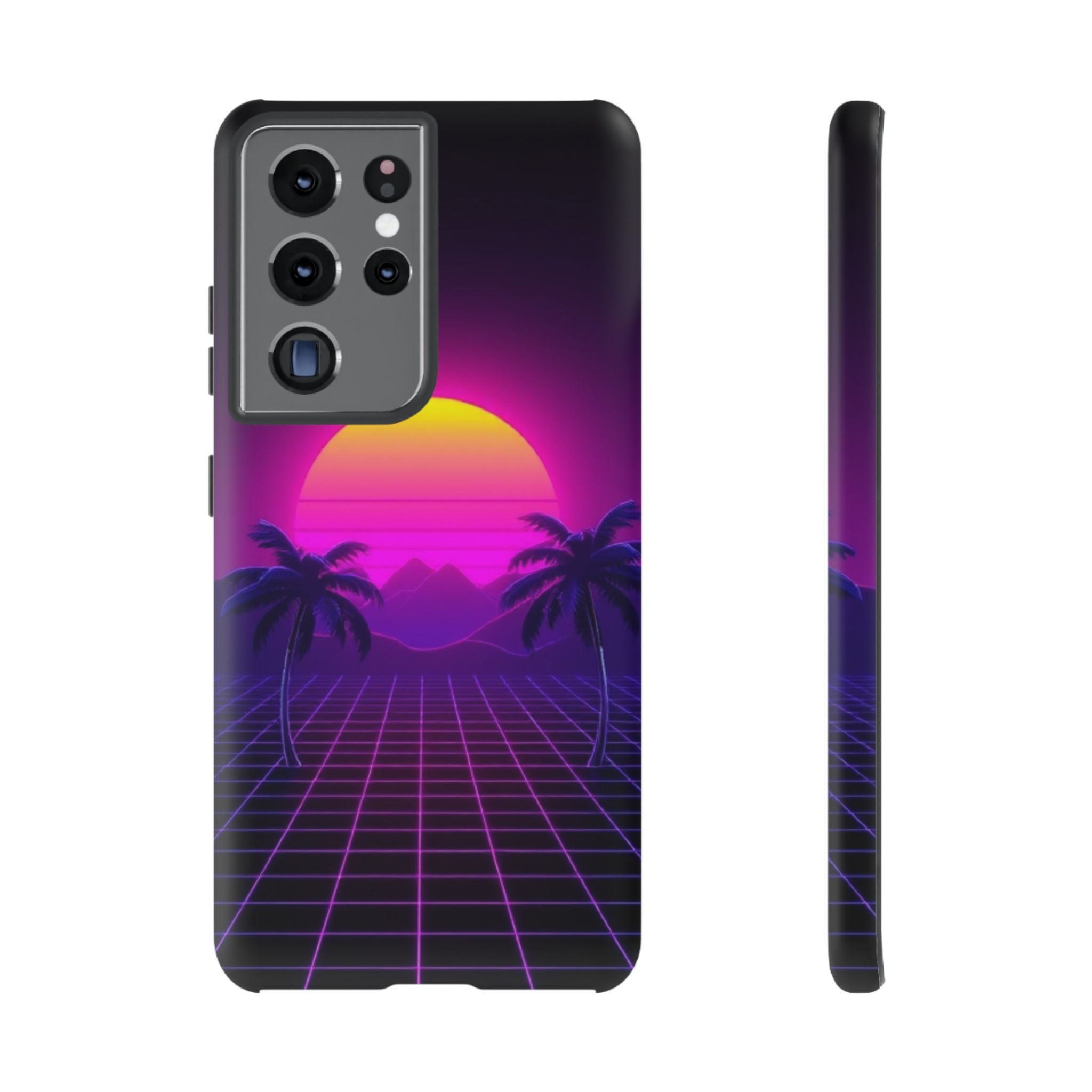 Android OR iPhone Compatible Cases - 80's Digital Grid Sunset Design - Unique Tough Cases