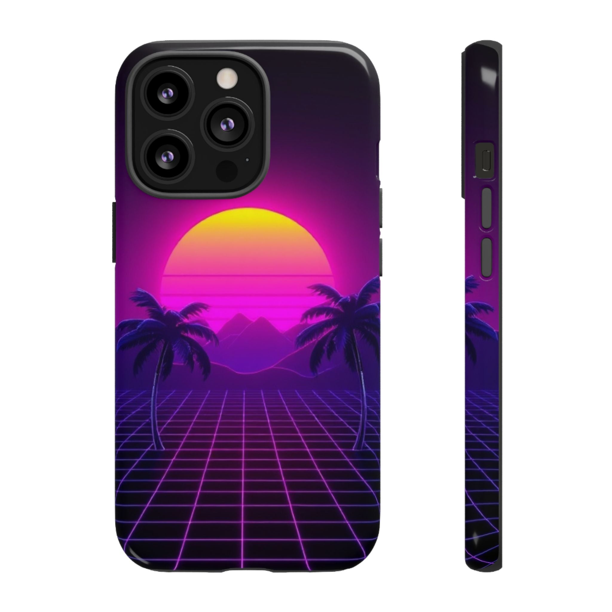 Android OR iPhone Compatible Cases - 80's Digital Grid Sunset Design - Unique Tough Cases