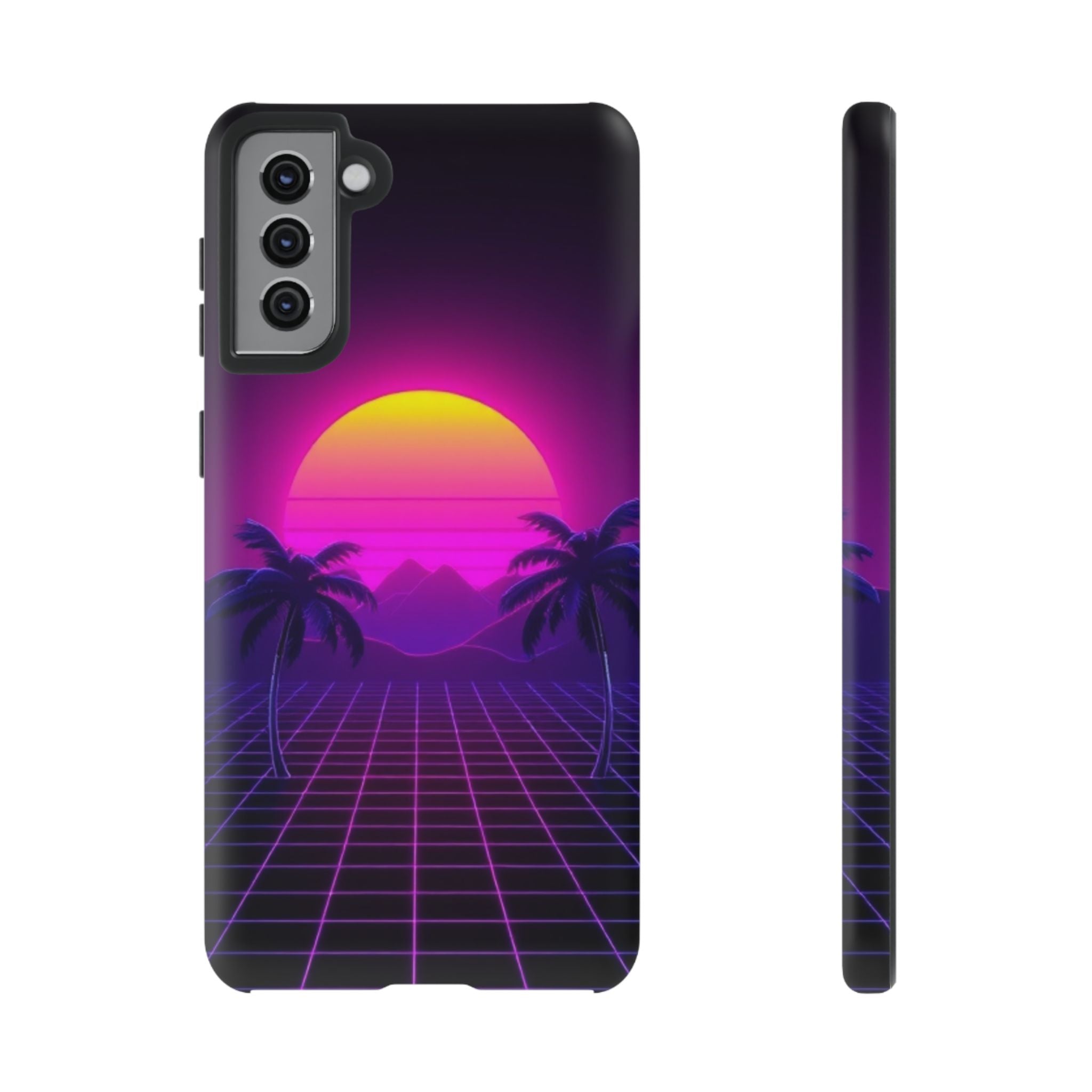 Android OR iPhone Compatible Cases - 80's Digital Grid Sunset Design - Unique Tough Cases