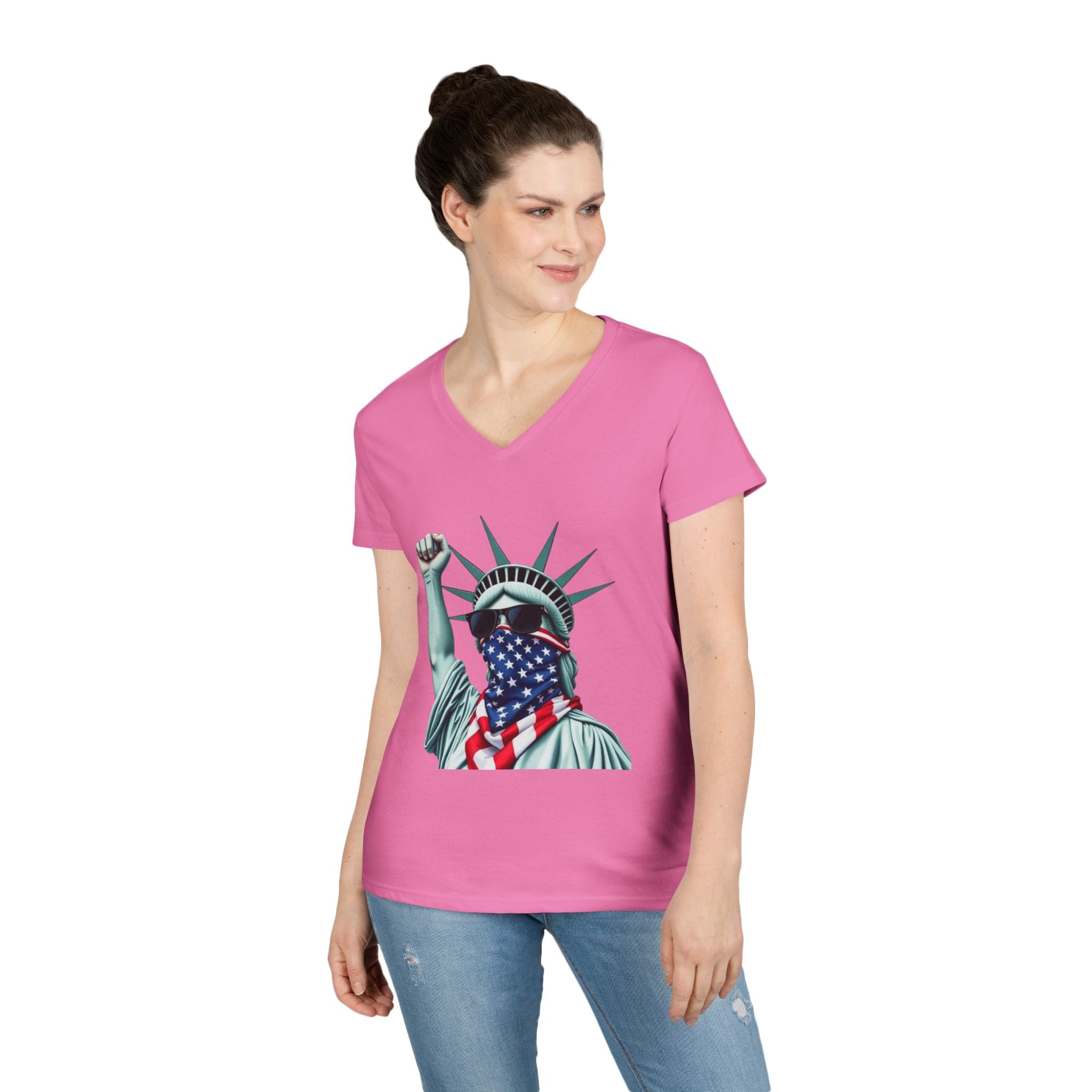 Patriotic Ladies' V-Neck T-Shirt - Resist Statue of Liberty Design