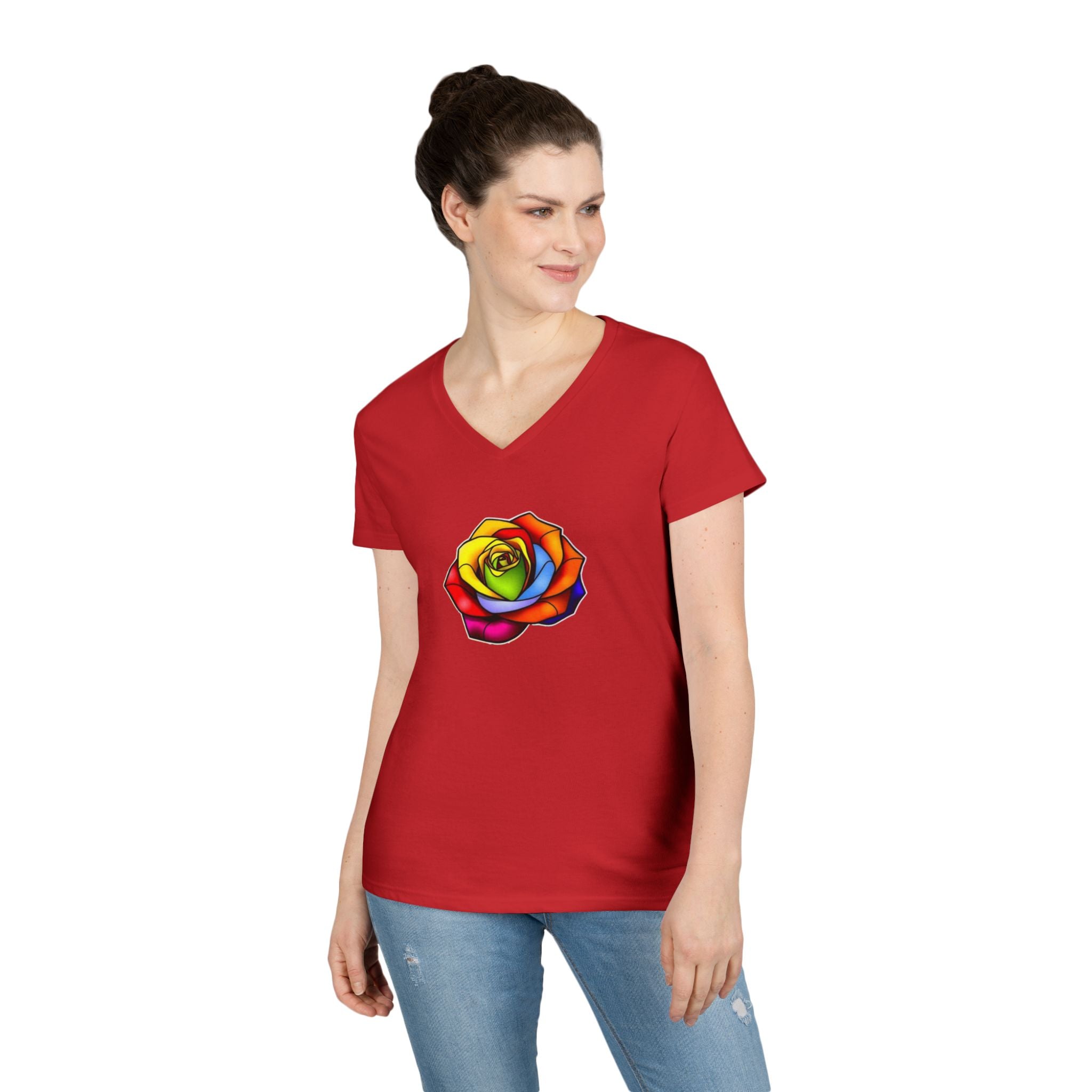 Rainbow Rose Ladies' V-Neck T-Shirt - Colorful Floral Design