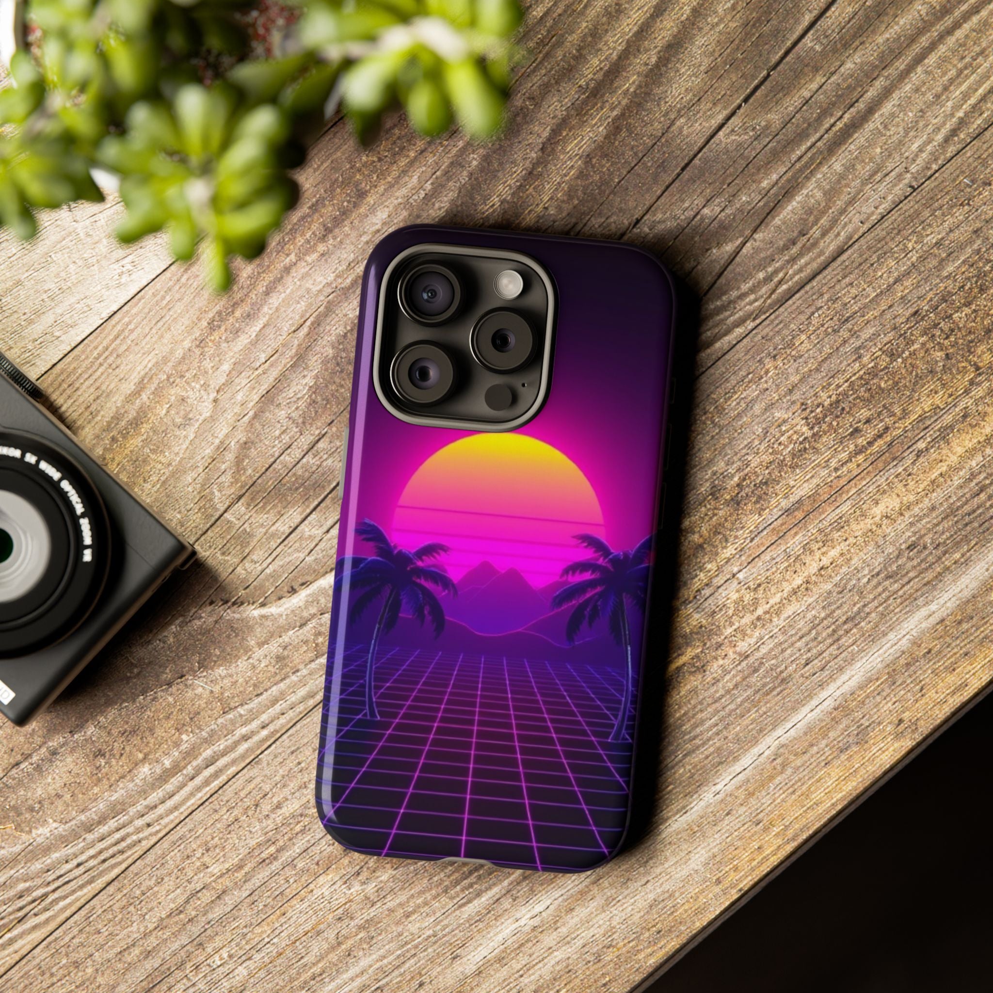 Android OR iPhone Compatible Cases - 80's Digital Grid Sunset Design - Unique Tough Cases