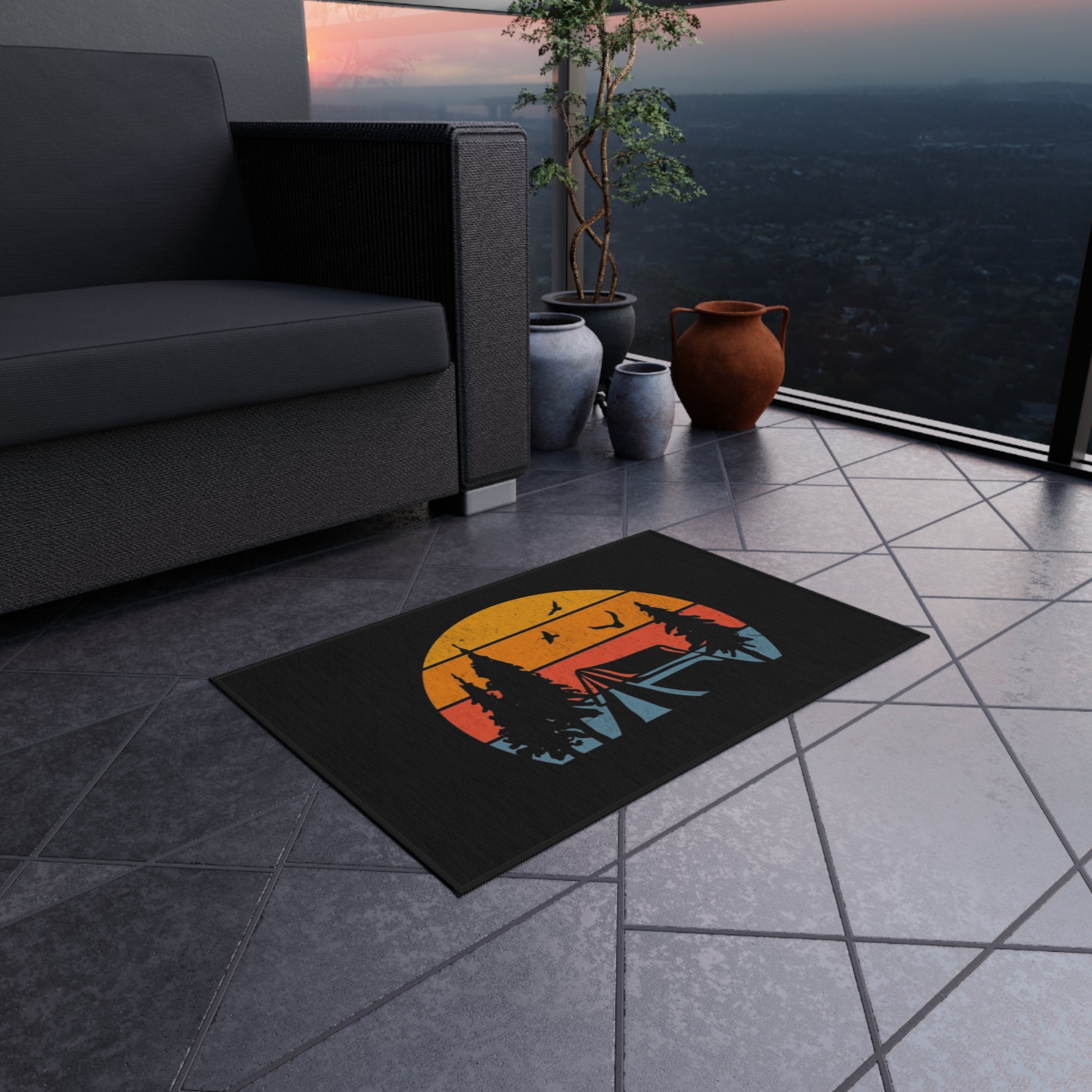 Camping Sunset Scene Outdoor Rug