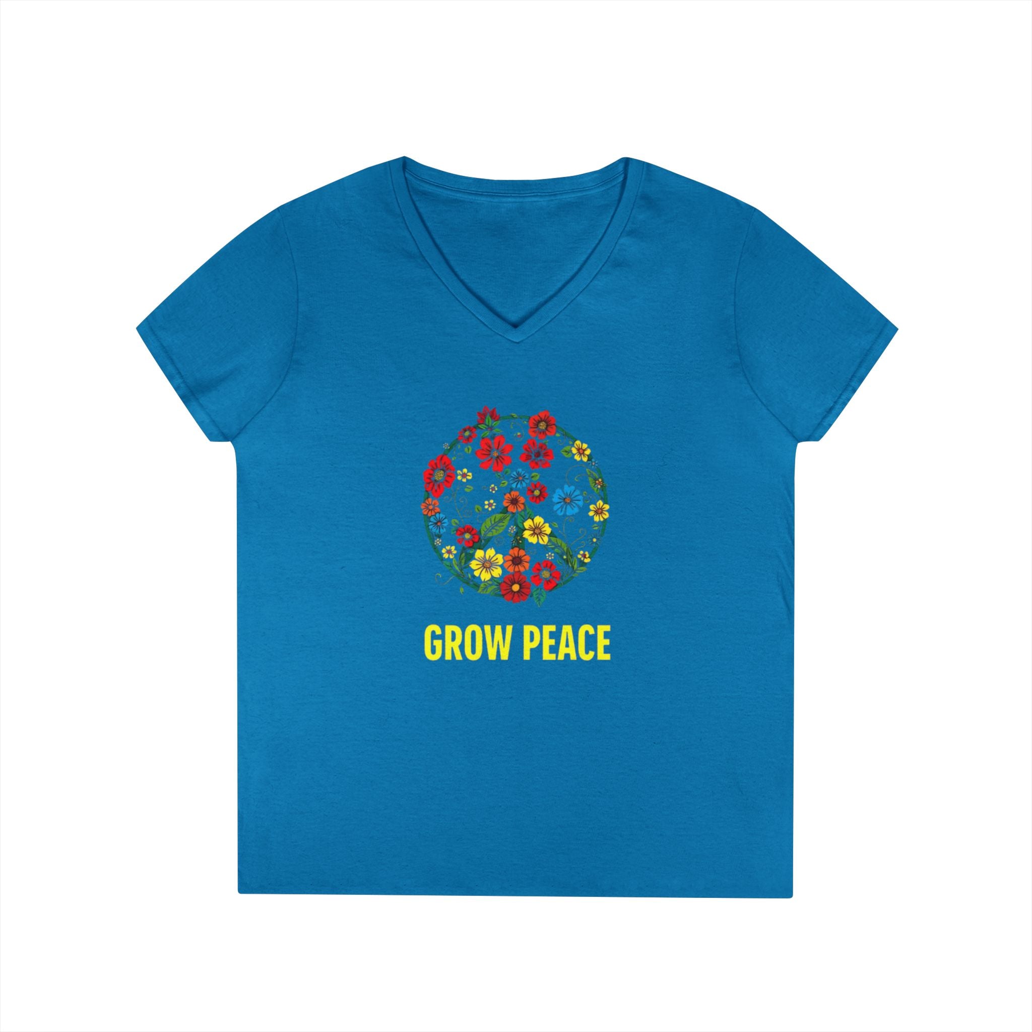 Ladies' V-Neck T-Shirt - "Grow Peace" Floral Design