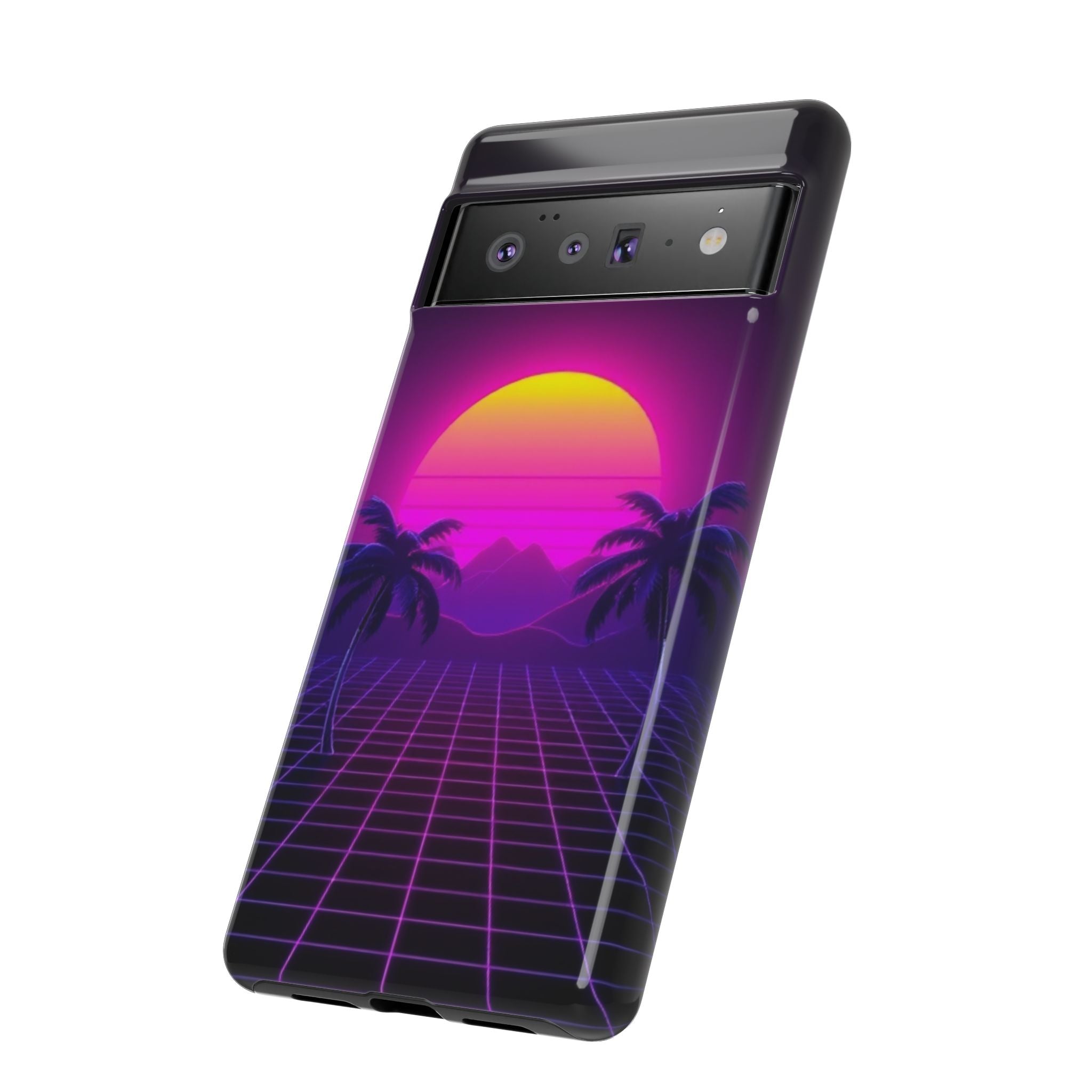 Android OR iPhone Compatible Cases - 80's Digital Grid Sunset Design - Unique Tough Cases