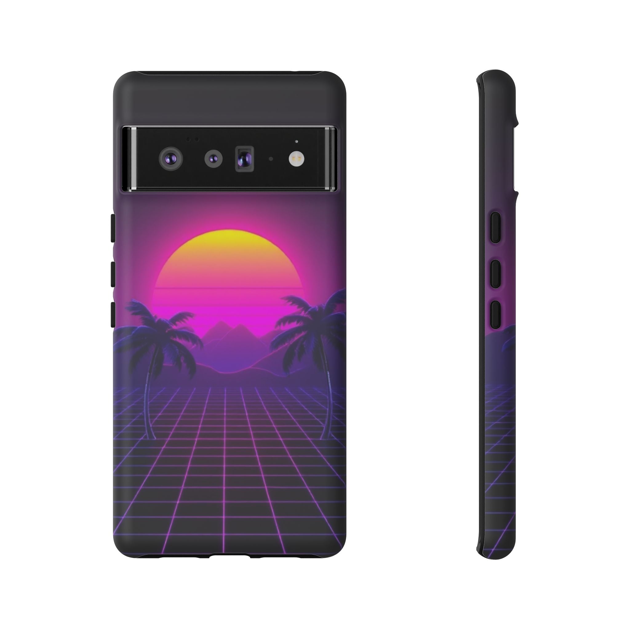 Android OR iPhone Compatible Cases - 80's Digital Grid Sunset Design - Unique Tough Cases