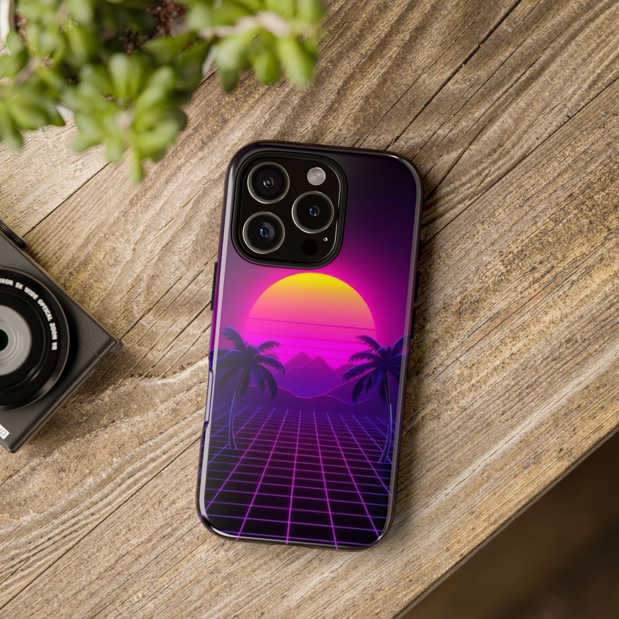 Android OR iPhone Compatible Cases - 80's Digital Grid Sunset Design - Unique Tough Cases