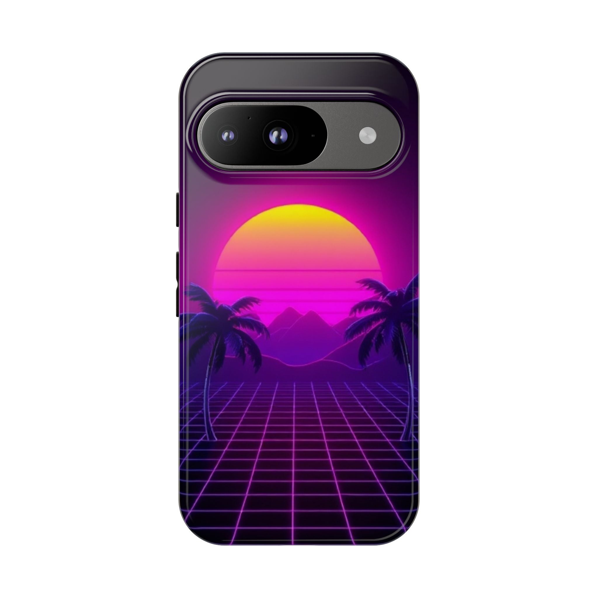 Android OR iPhone Compatible Cases - 80's Digital Grid Sunset Design - Unique Tough Cases