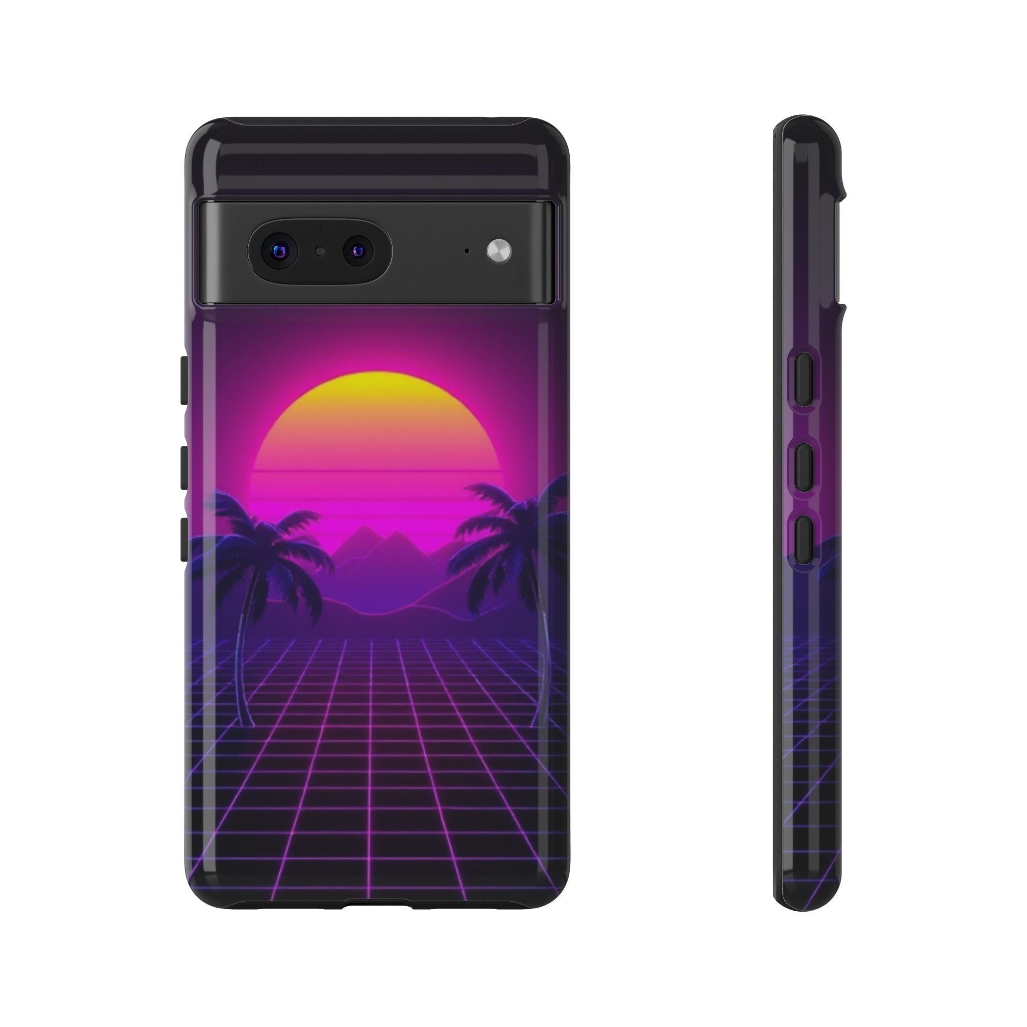 Android OR iPhone Compatible Cases - 80's Digital Grid Sunset Design - Unique Tough Cases