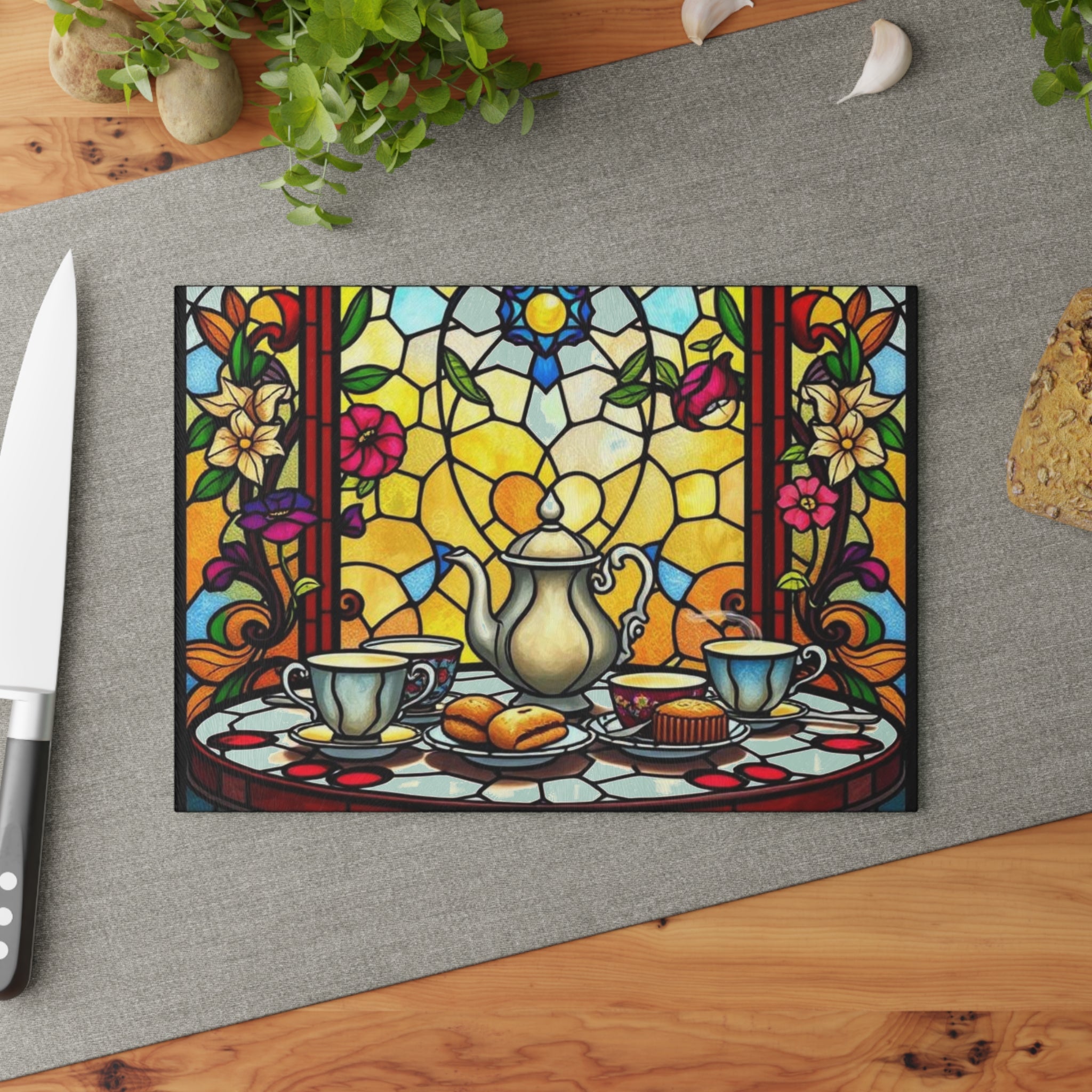 Artistic Stained Glass Cutting Board - Elegant Kitchen Decor for Tea Lovers