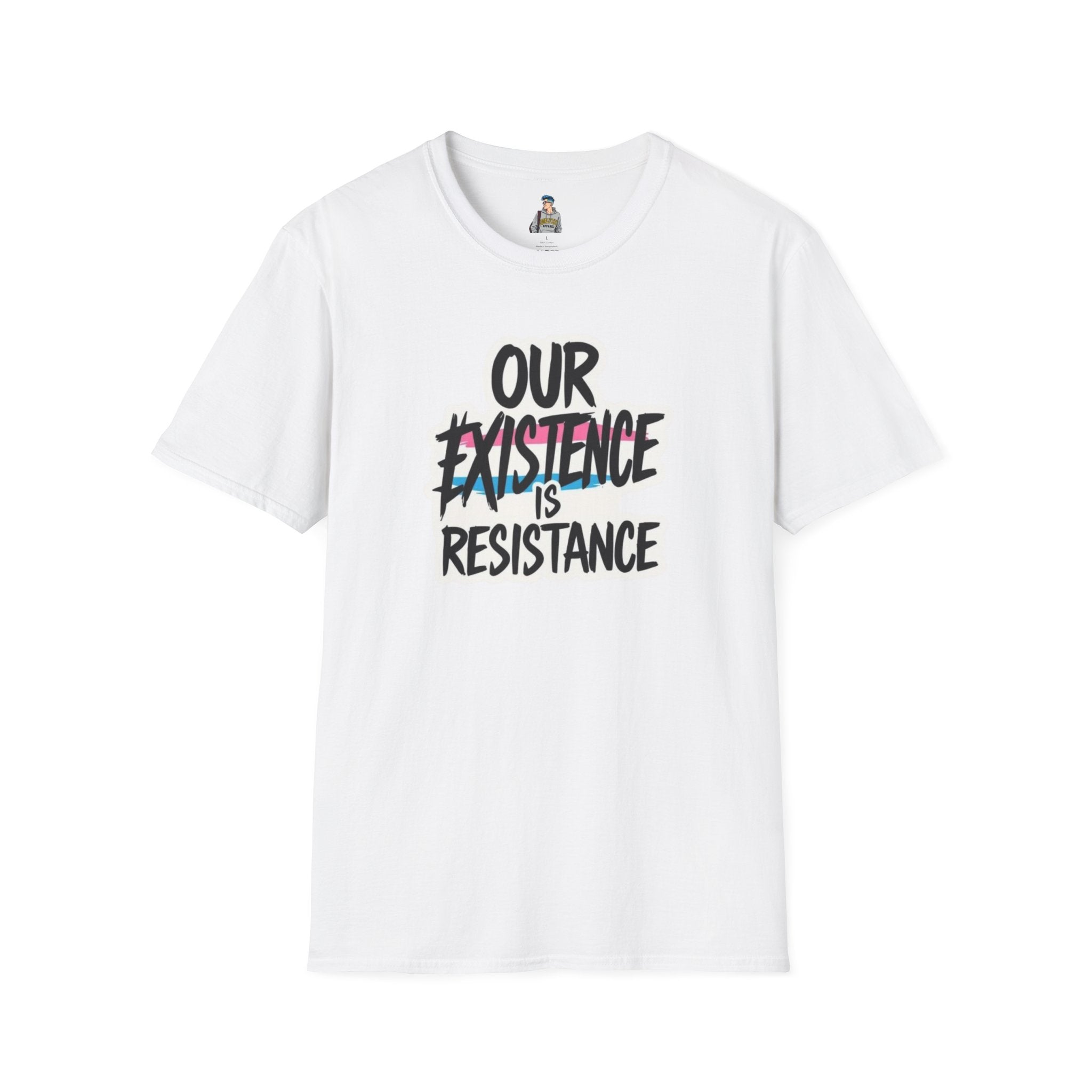 Our Existence is Resistance Trans Pride Unisex Softstyle T-Shirt - Empowering Statement Tee for Activists and Advocates