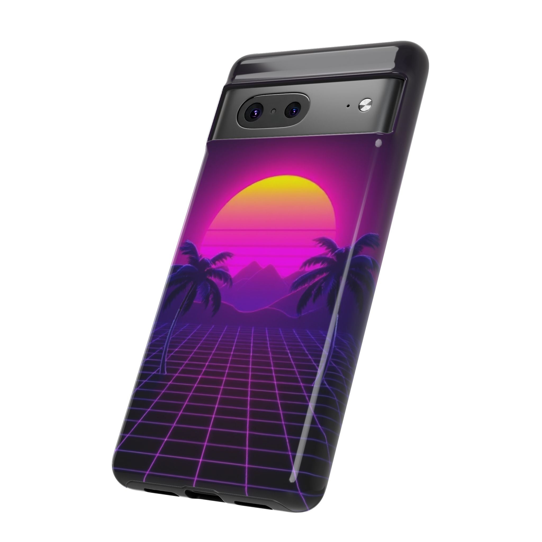 Android OR iPhone Compatible Cases - 80's Digital Grid Sunset Design - Unique Tough Cases