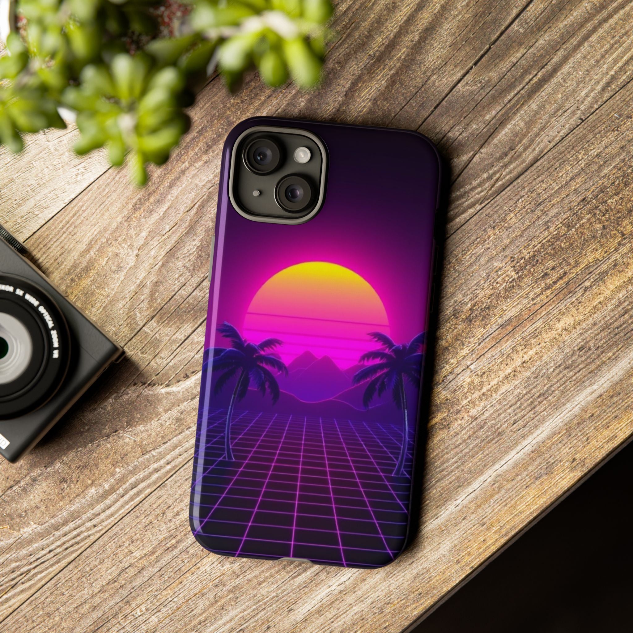 Android OR iPhone Compatible Cases - 80's Digital Grid Sunset Design - Unique Tough Cases