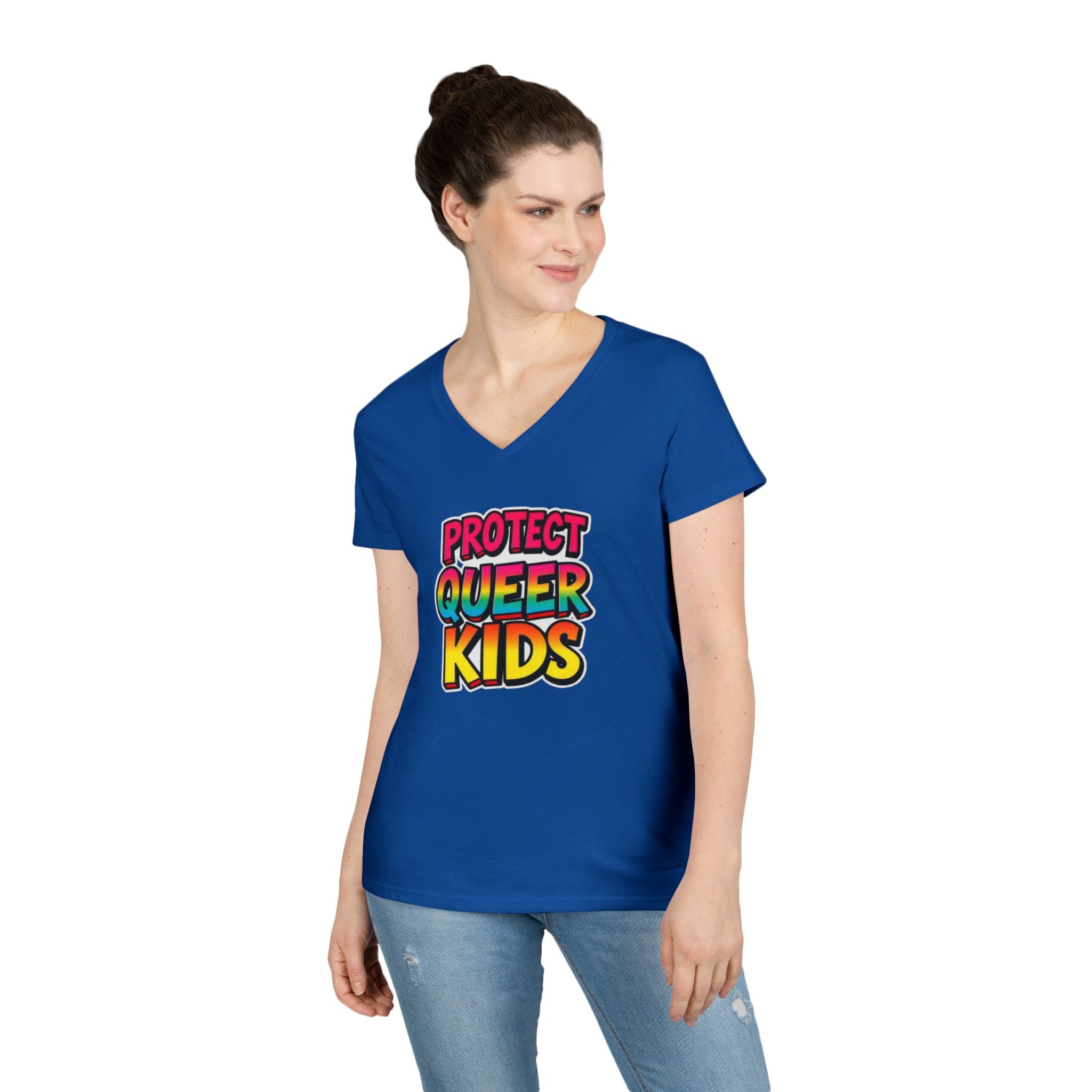 V-Neck T-Shirt: 'Protect Queer Kids' Design