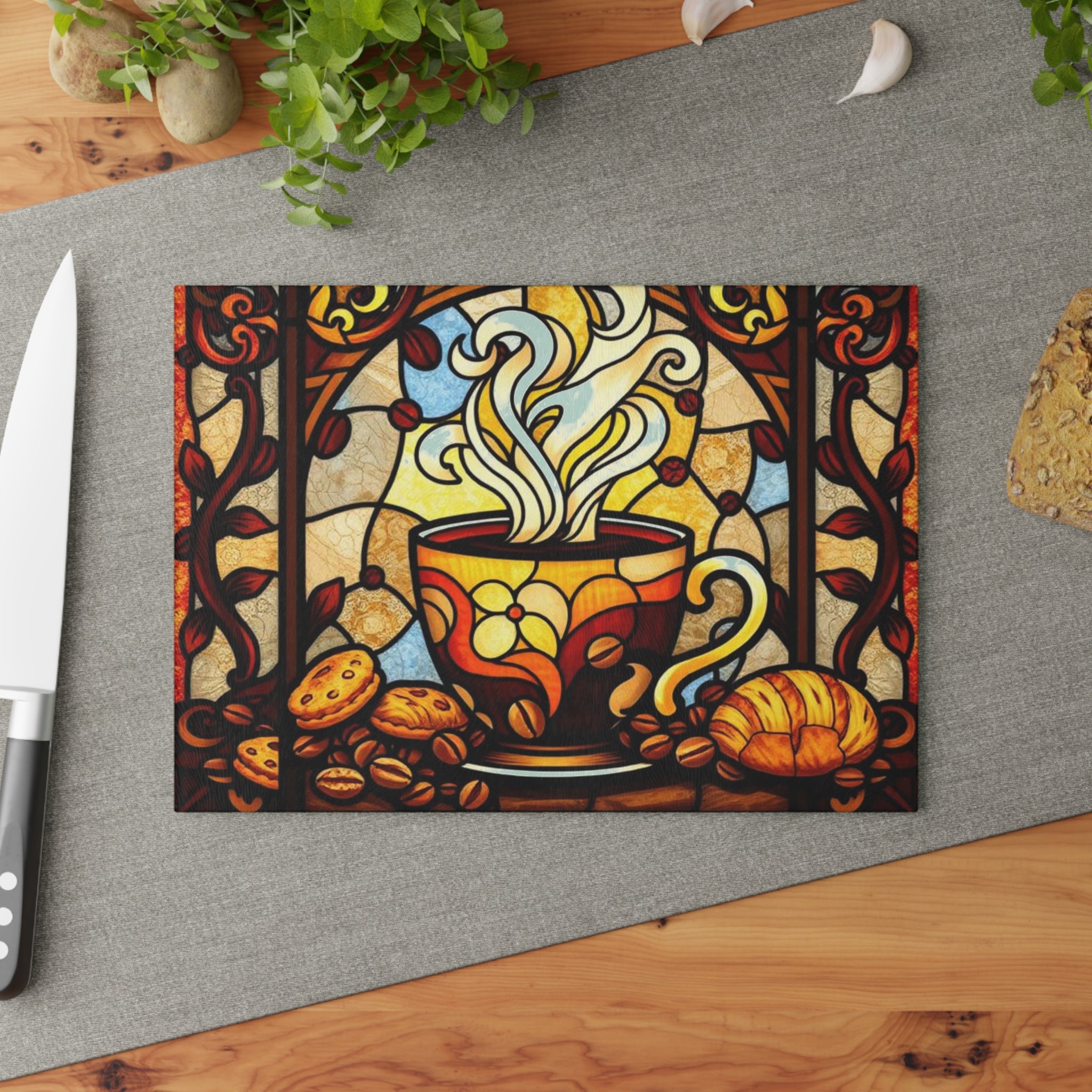 Colorful Stained Glass Coffee & Cake Cutting Board - Perfect for Home Chefs & Gifting