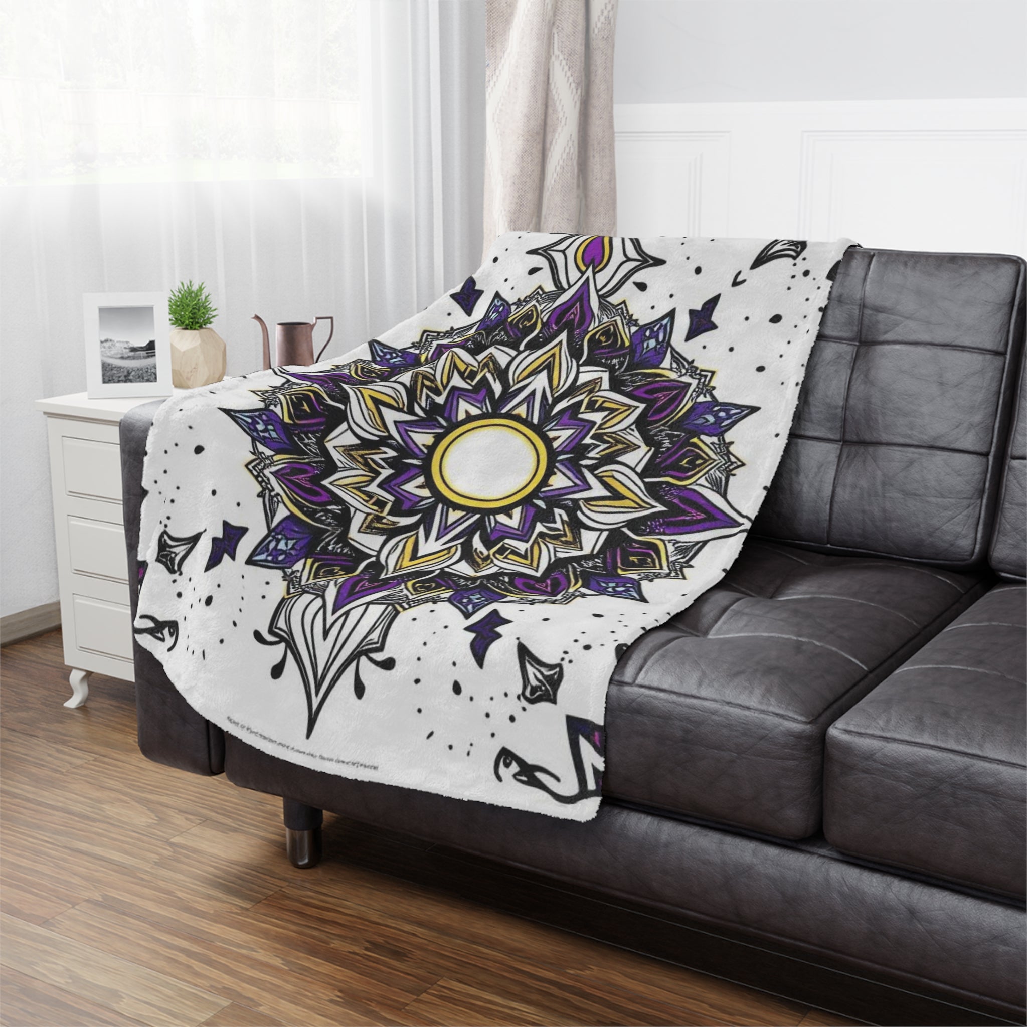 Purple, Black, Yellow and White Mandala Microfiber Blanket