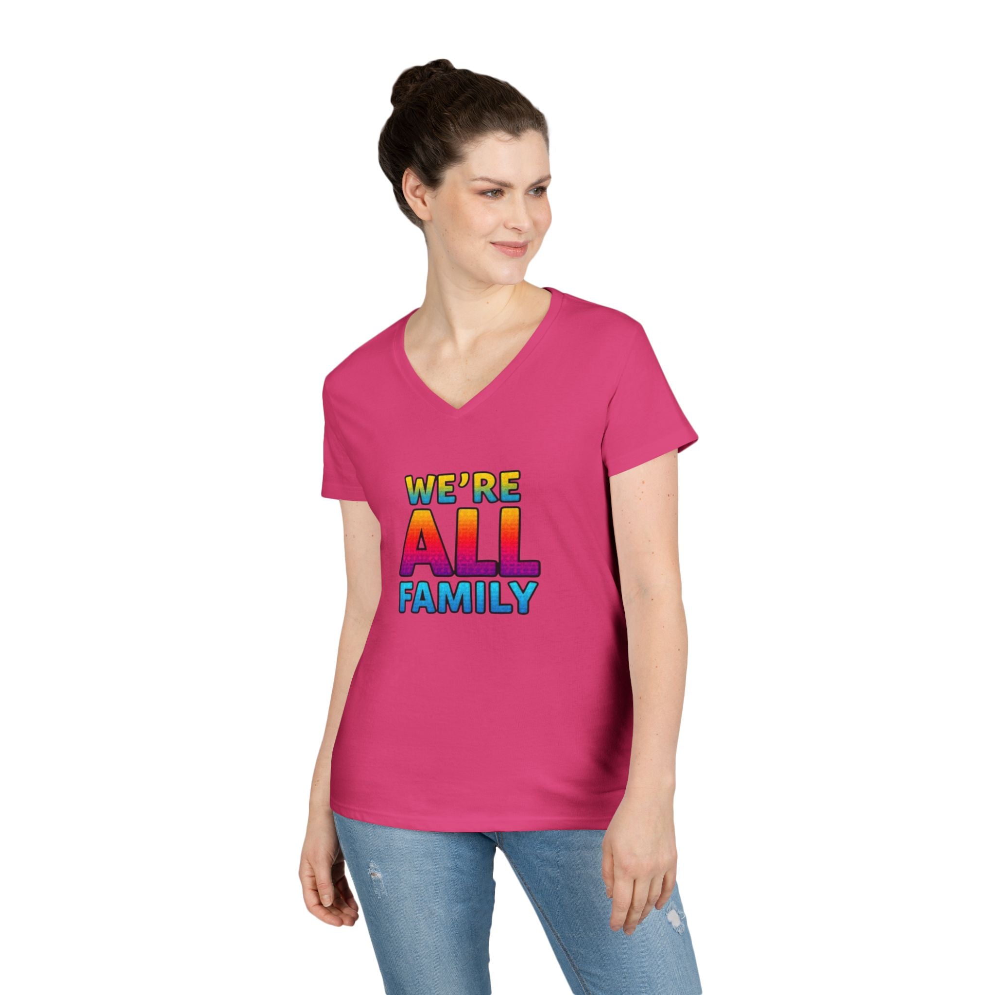 Ladies' V-Neck T-Shirt - "We're All Family" Pride Tee