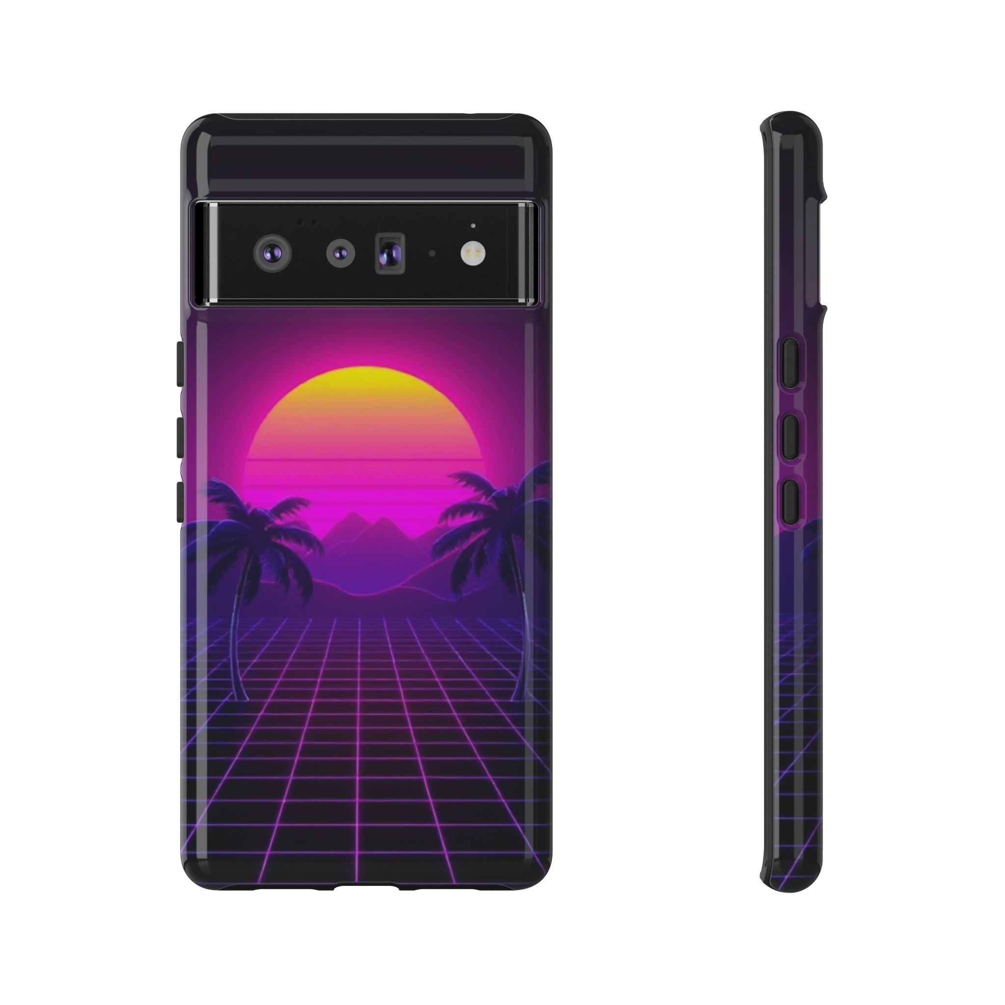 Android OR iPhone Compatible Cases - 80's Digital Grid Sunset Design - Unique Tough Cases