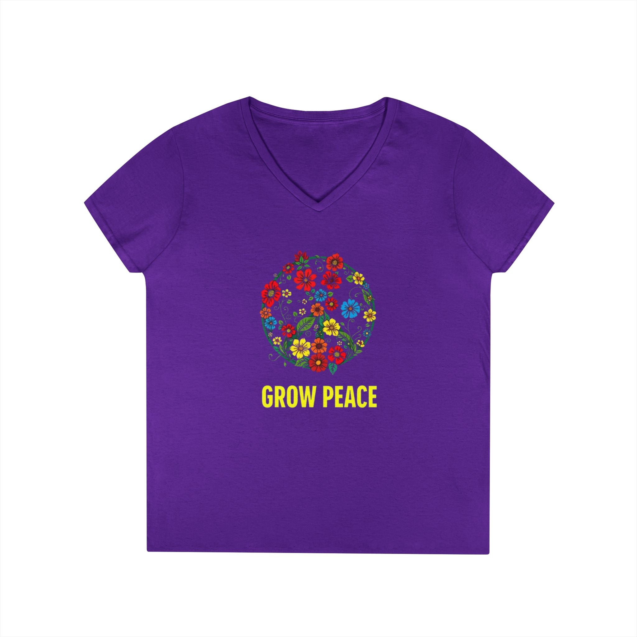 Ladies' V-Neck T-Shirt - "Grow Peace" Floral Design