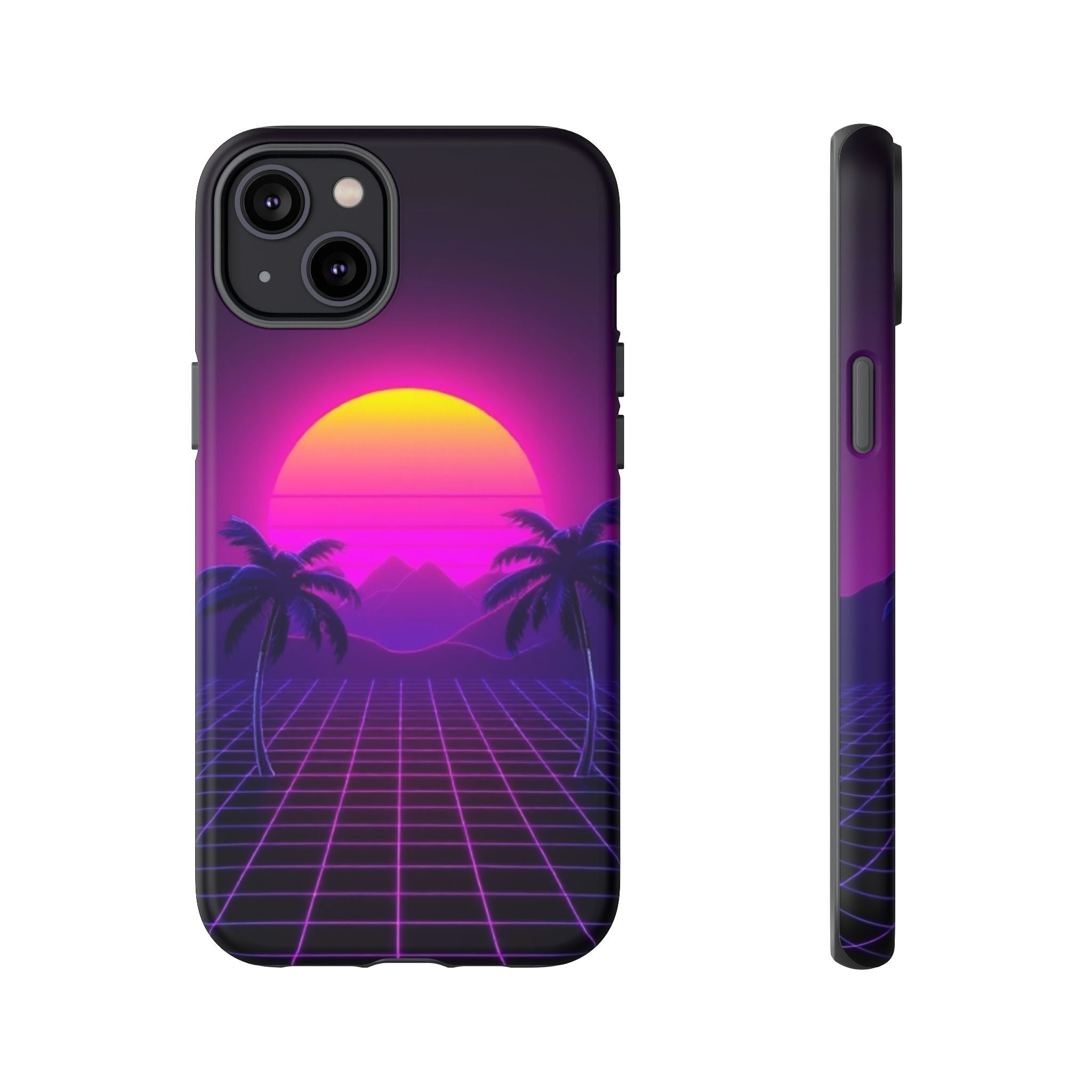 Android OR iPhone Compatible Cases - 80's Digital Grid Sunset Design - Unique Tough Cases