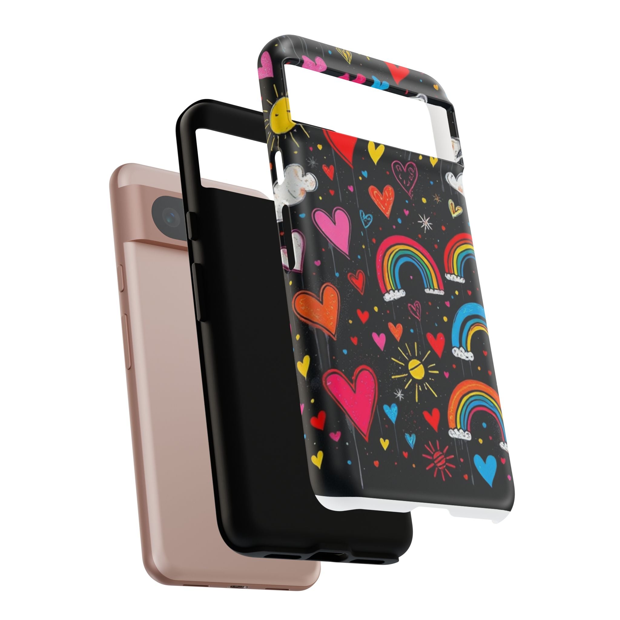 Android OR iPhone Compatible Cases - Doodle Hearts and Rainbows Design