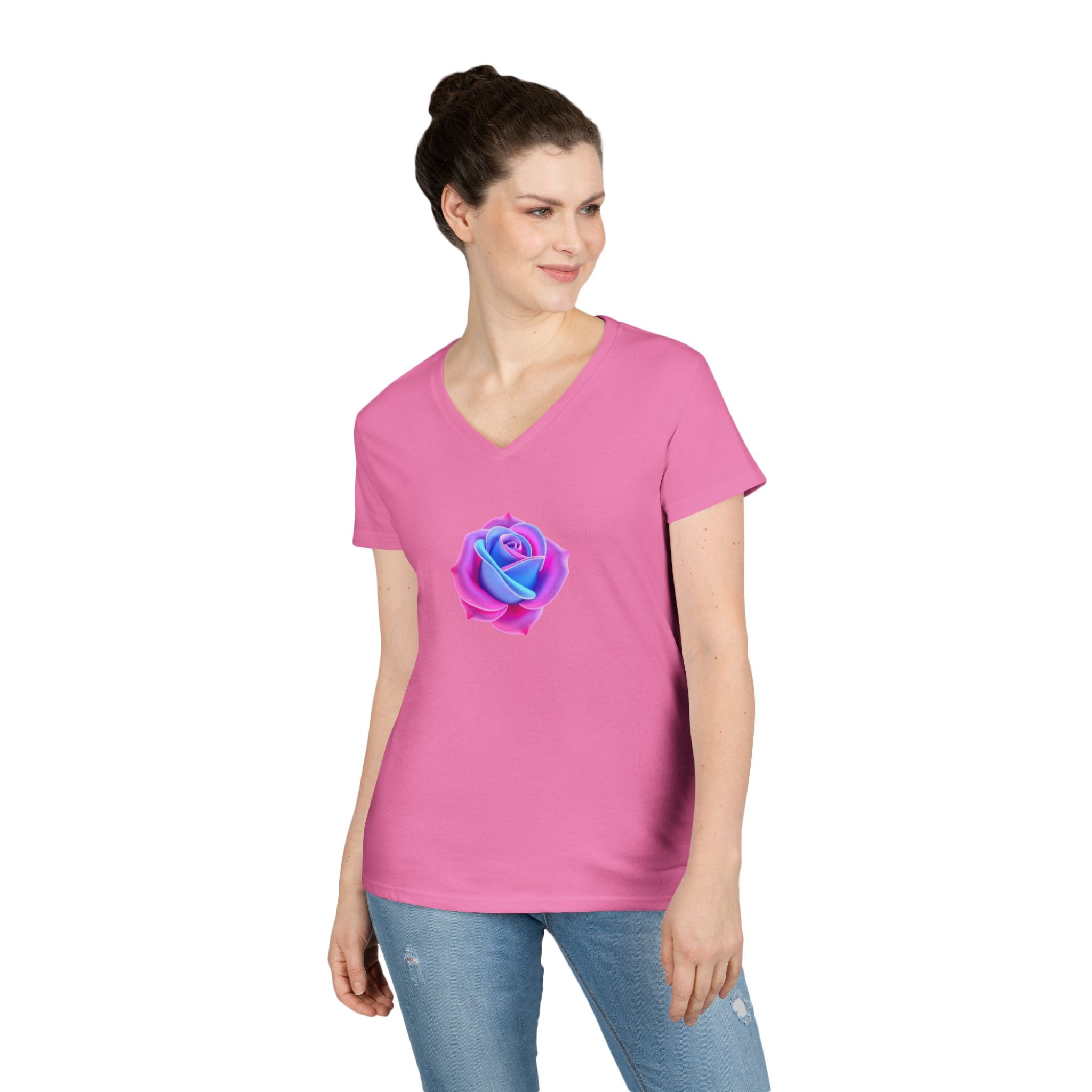 Ladies' V-Neck T-Shirt with Vibrant Trans Colors Rose Design - Perfect for Casual Wear and Gifts
