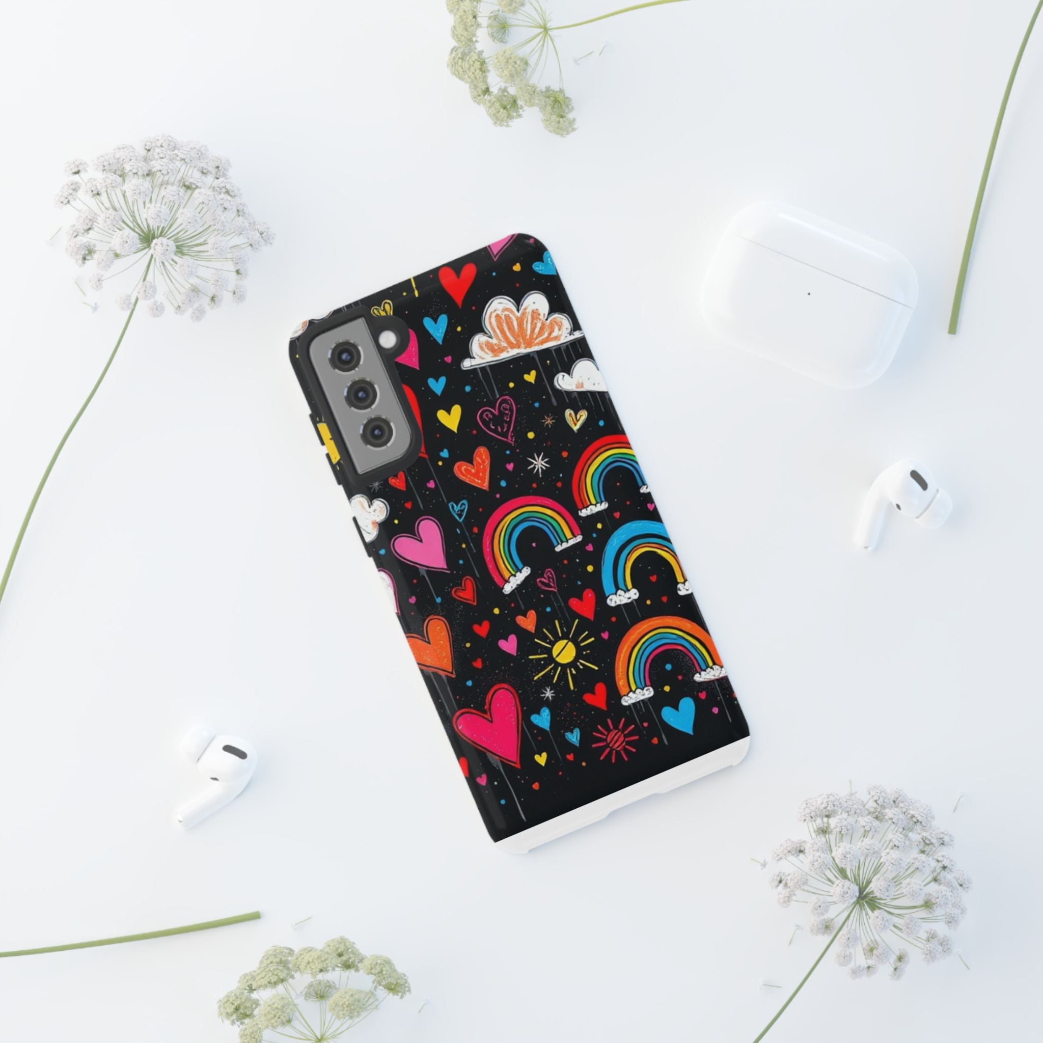 Android OR iPhone Compatible Cases - Doodle Hearts and Rainbows Design