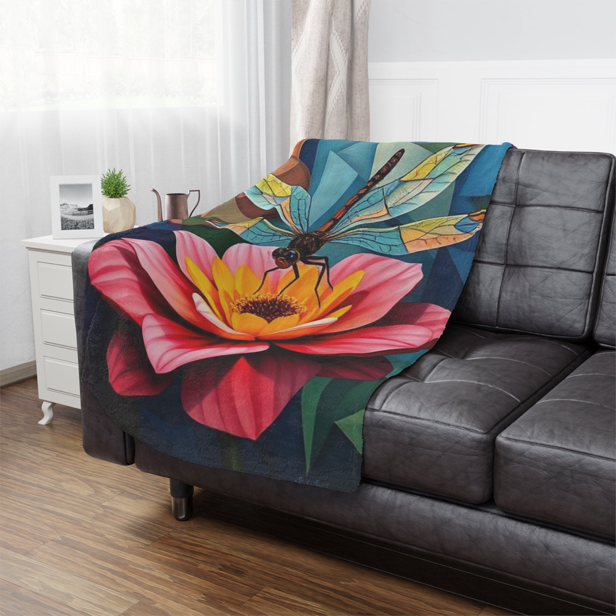 Microfiber Blanket - Dragon fly on Pink Flower Art, Warm Comfortable Beautiful Gift, Soft Cozy Throw, Home Decor Accent, Nature Inspired