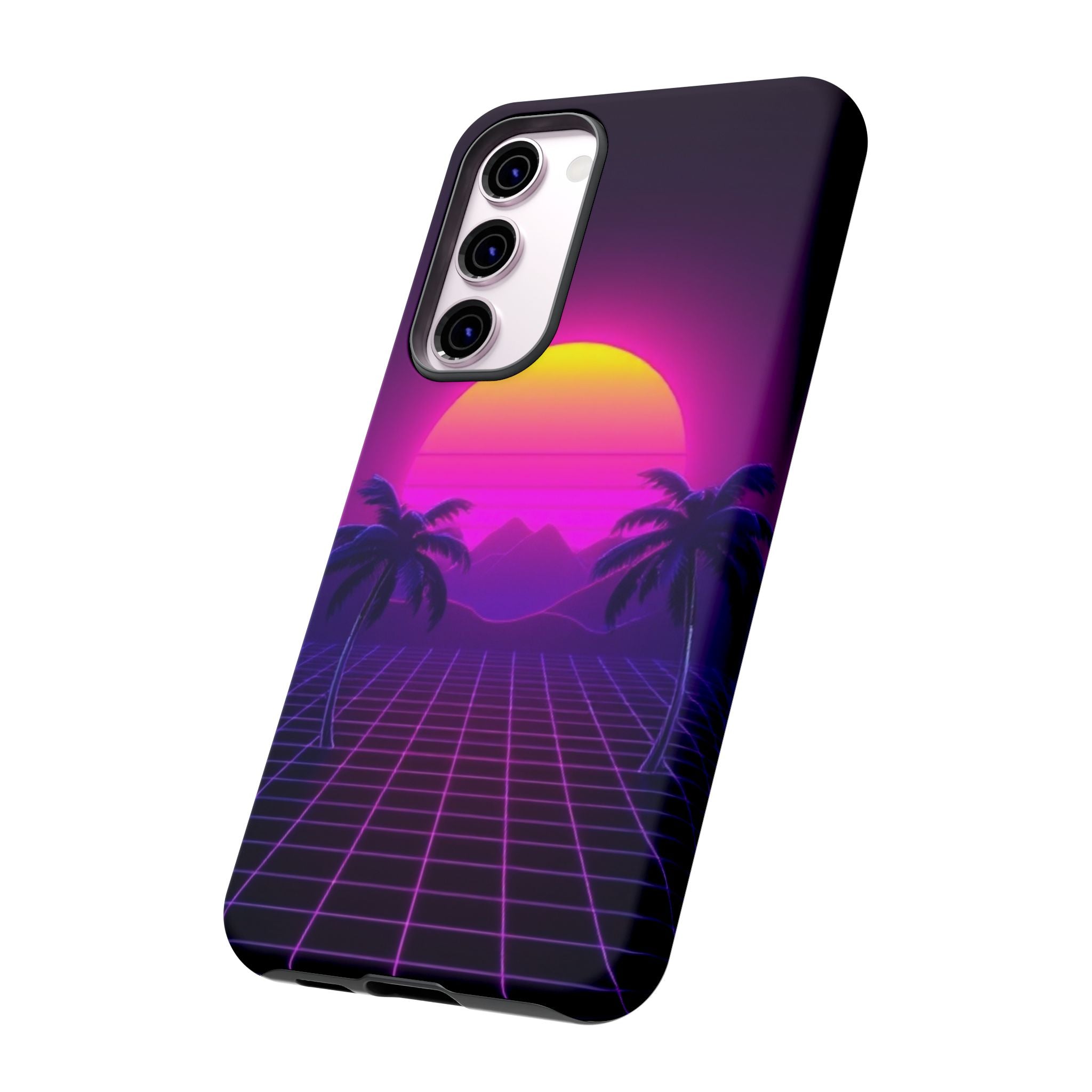 Android OR iPhone Compatible Cases - 80's Digital Grid Sunset Design - Unique Tough Cases