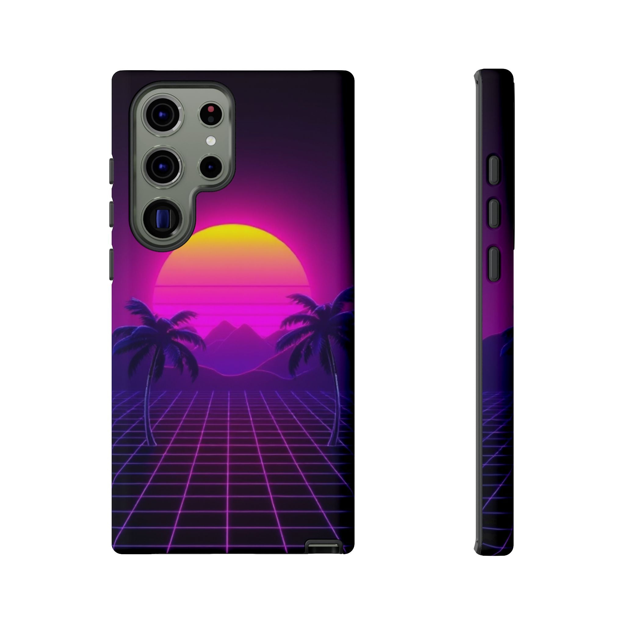 Android OR iPhone Compatible Cases - 80's Digital Grid Sunset Design - Unique Tough Cases
