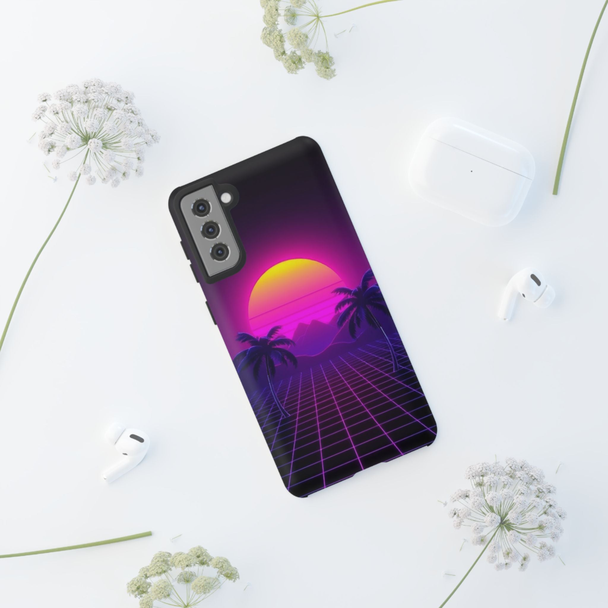 Android OR iPhone Compatible Cases - 80's Digital Grid Sunset Design - Unique Tough Cases