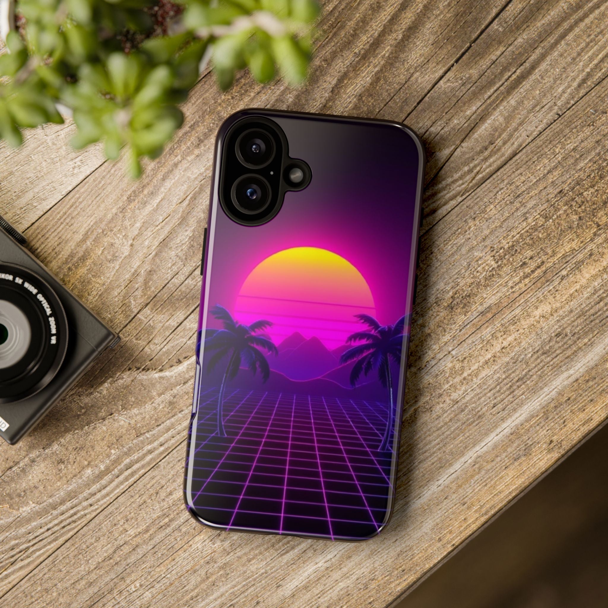 Android OR iPhone Compatible Cases - 80's Digital Grid Sunset Design - Unique Tough Cases