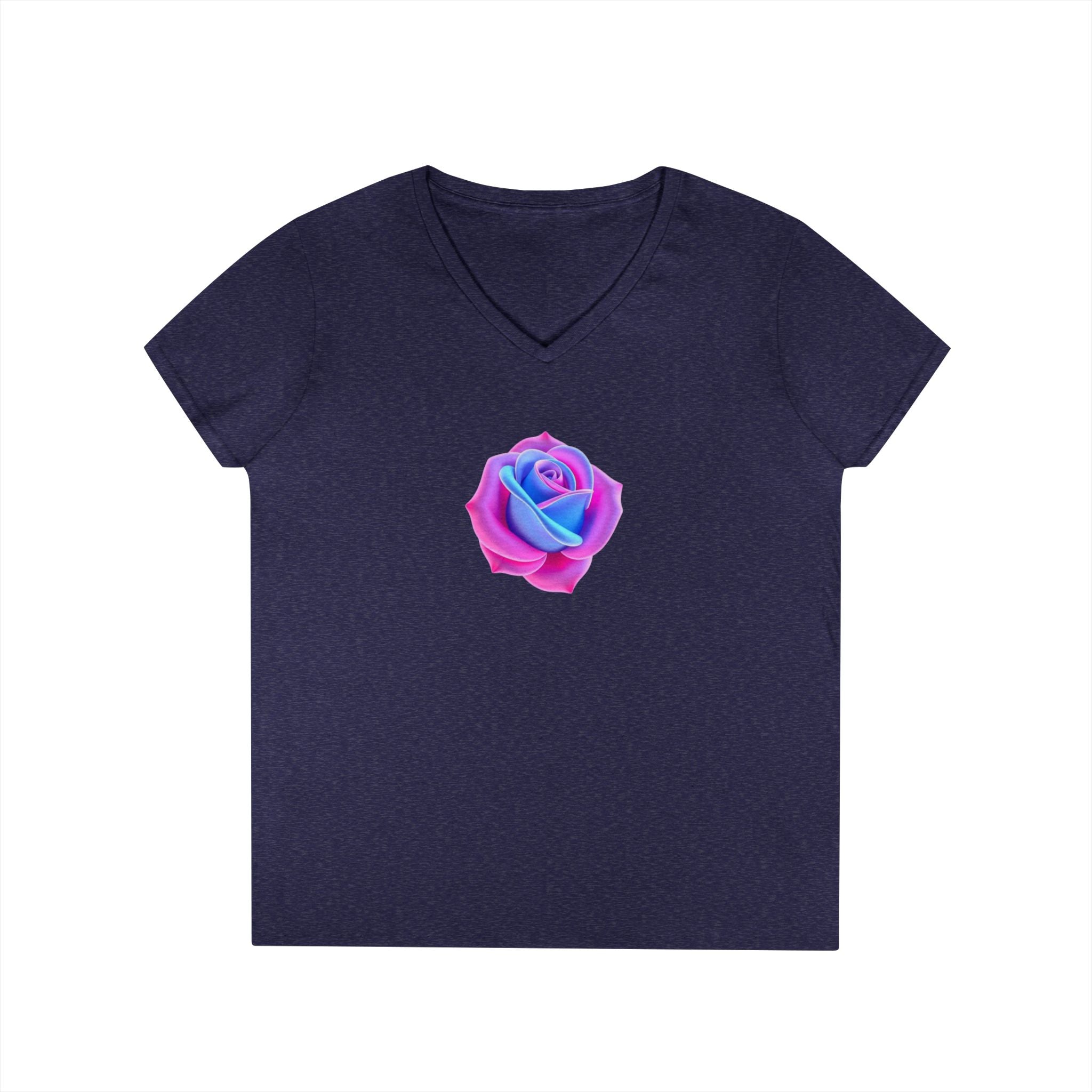 Ladies' V-Neck T-Shirt with Vibrant Trans Colors Rose Design - Perfect for Casual Wear and Gifts