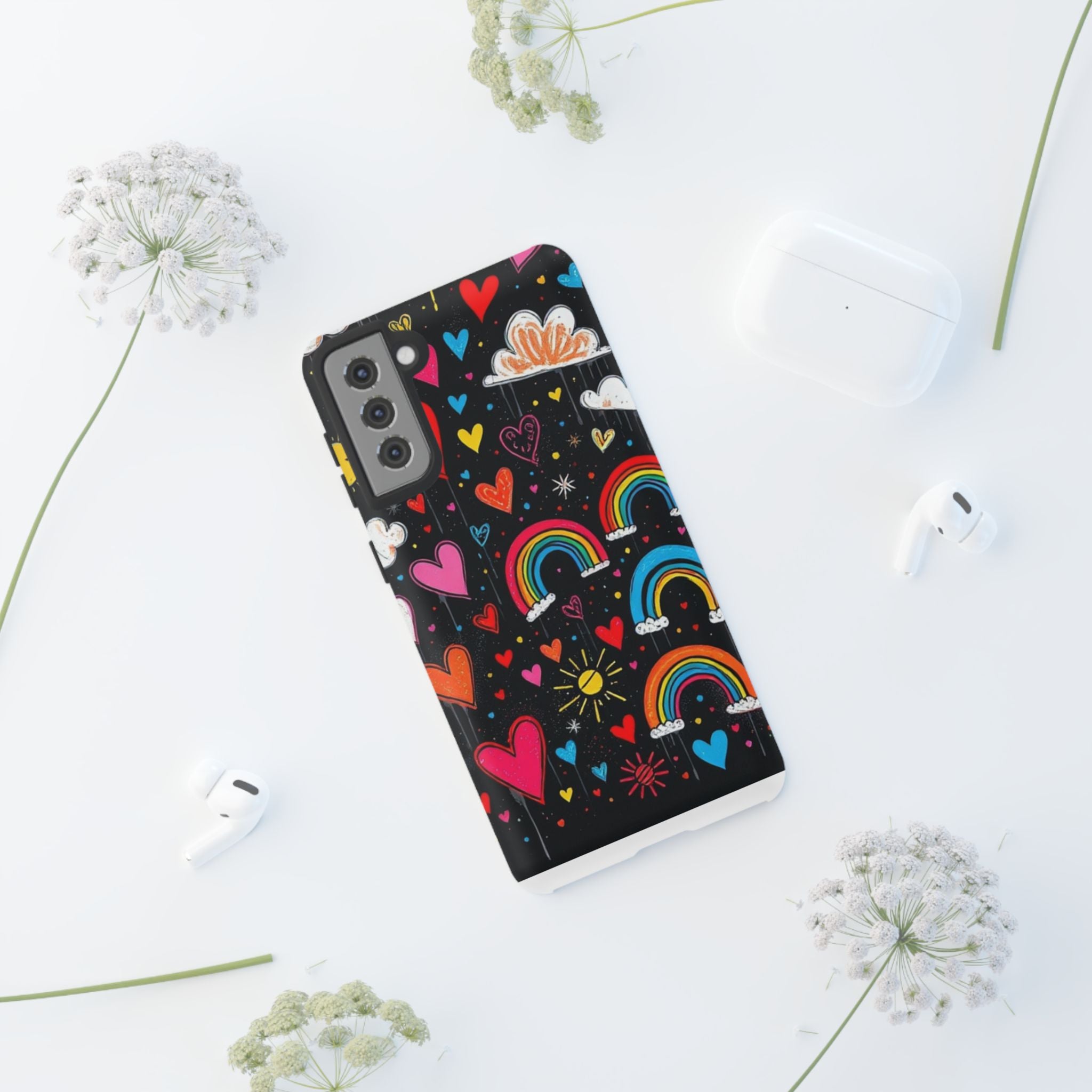 Android OR iPhone Compatible Cases - Doodle Hearts and Rainbows Design