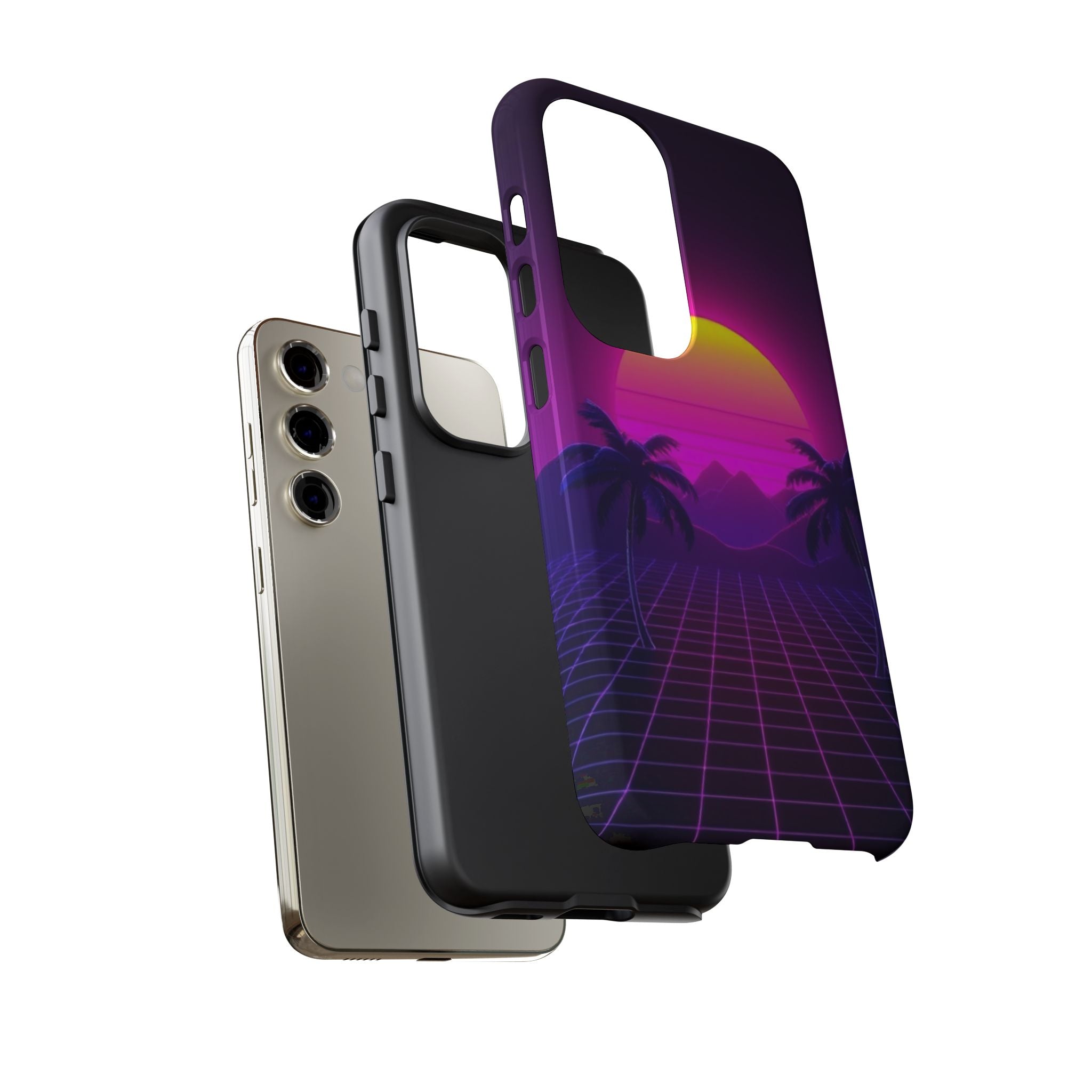 Android OR iPhone Compatible Cases - 80's Digital Grid Sunset Design - Unique Tough Cases