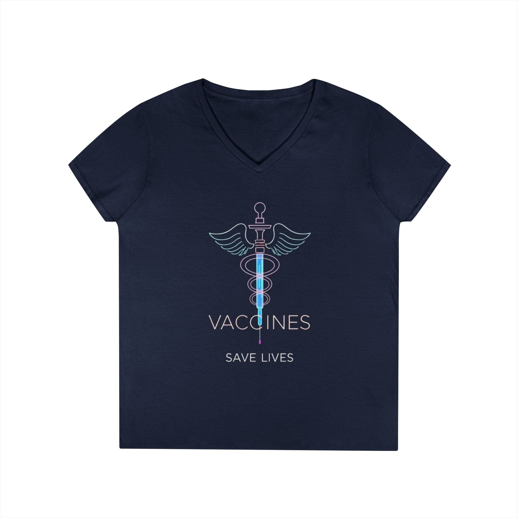 Ladies' V-Neck T-Shirt - 'Vaccines Save Lives' Graphic Tee for Health Advocacy
