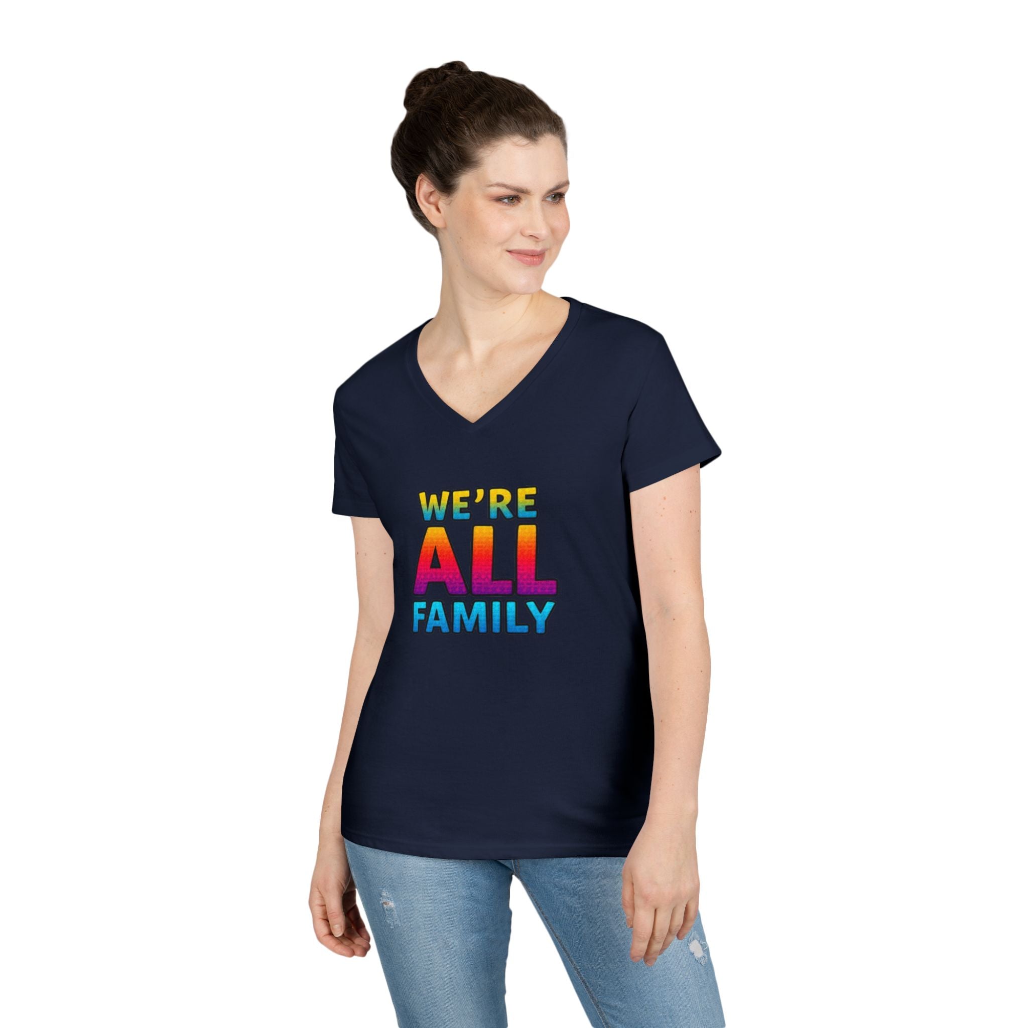 Ladies' V-Neck T-Shirt - "We're All Family" Pride Tee