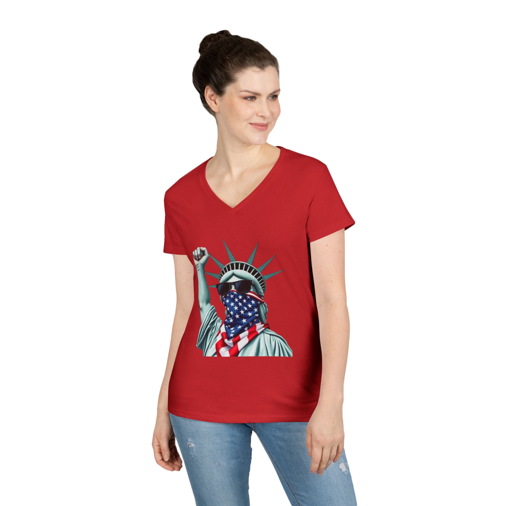 Patriotic Ladies' V-Neck T-Shirt - Resist Statue of Liberty Design