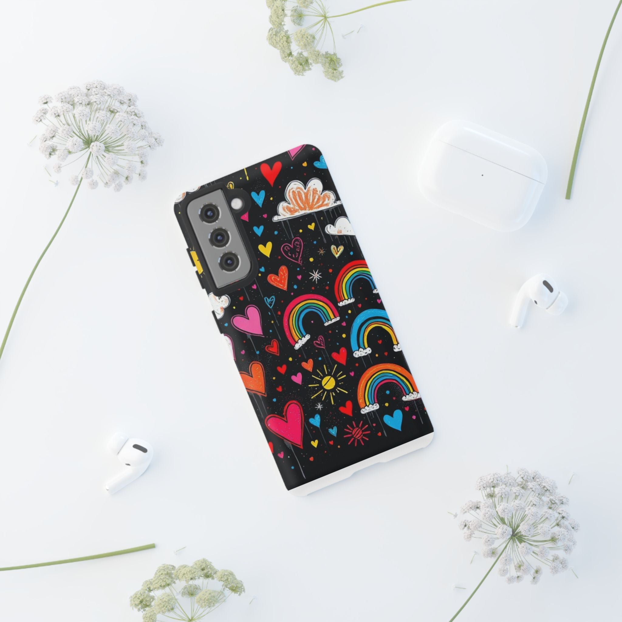 Android OR iPhone Compatible Cases - Doodle Hearts and Rainbows Design