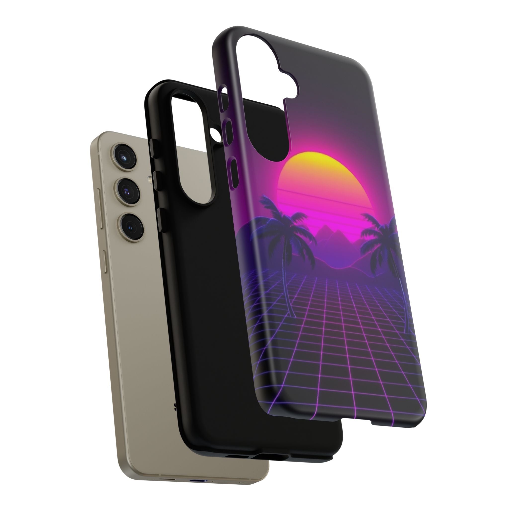 Android OR iPhone Compatible Cases - 80's Digital Grid Sunset Design - Unique Tough Cases