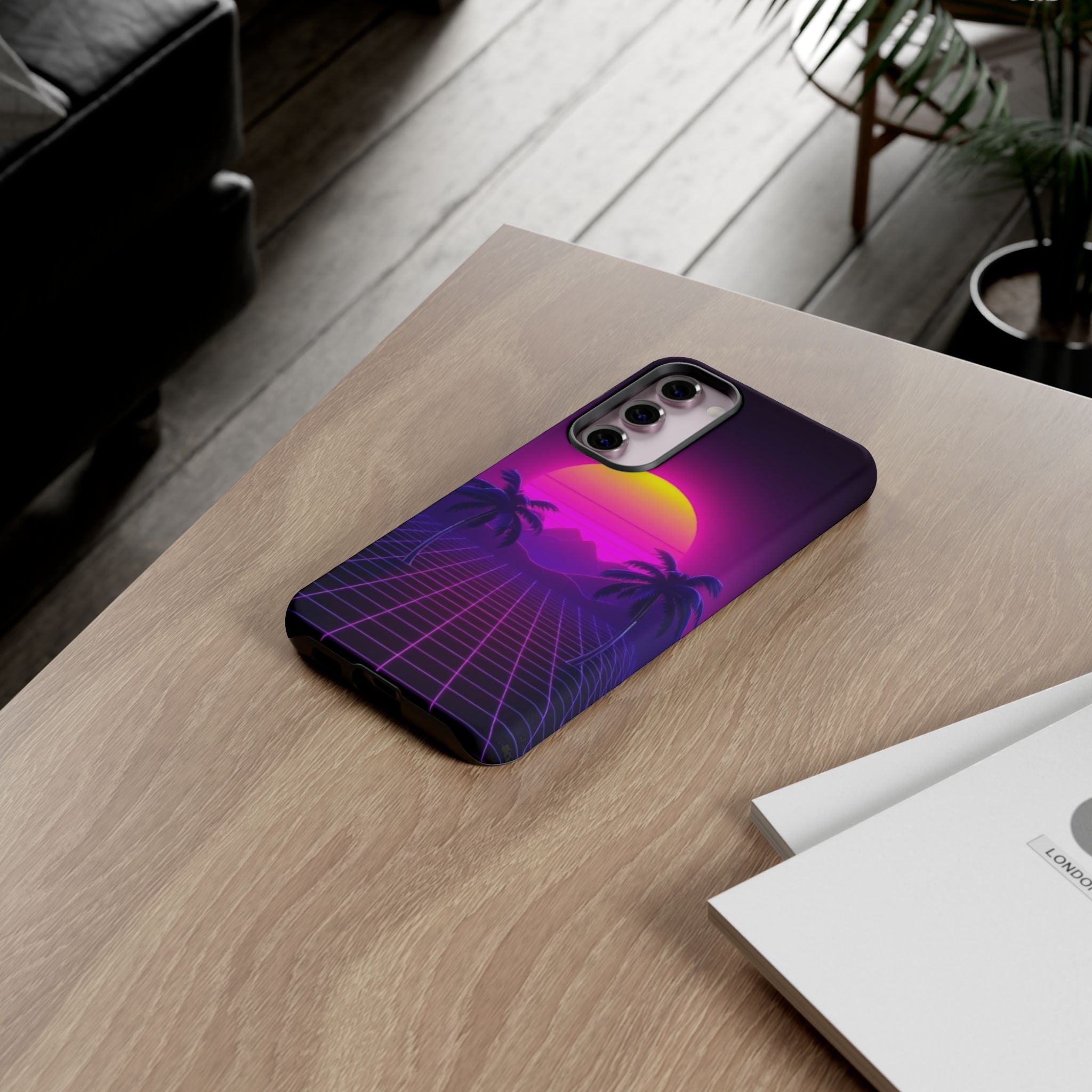 Android OR iPhone Compatible Cases - 80's Digital Grid Sunset Design - Unique Tough Cases