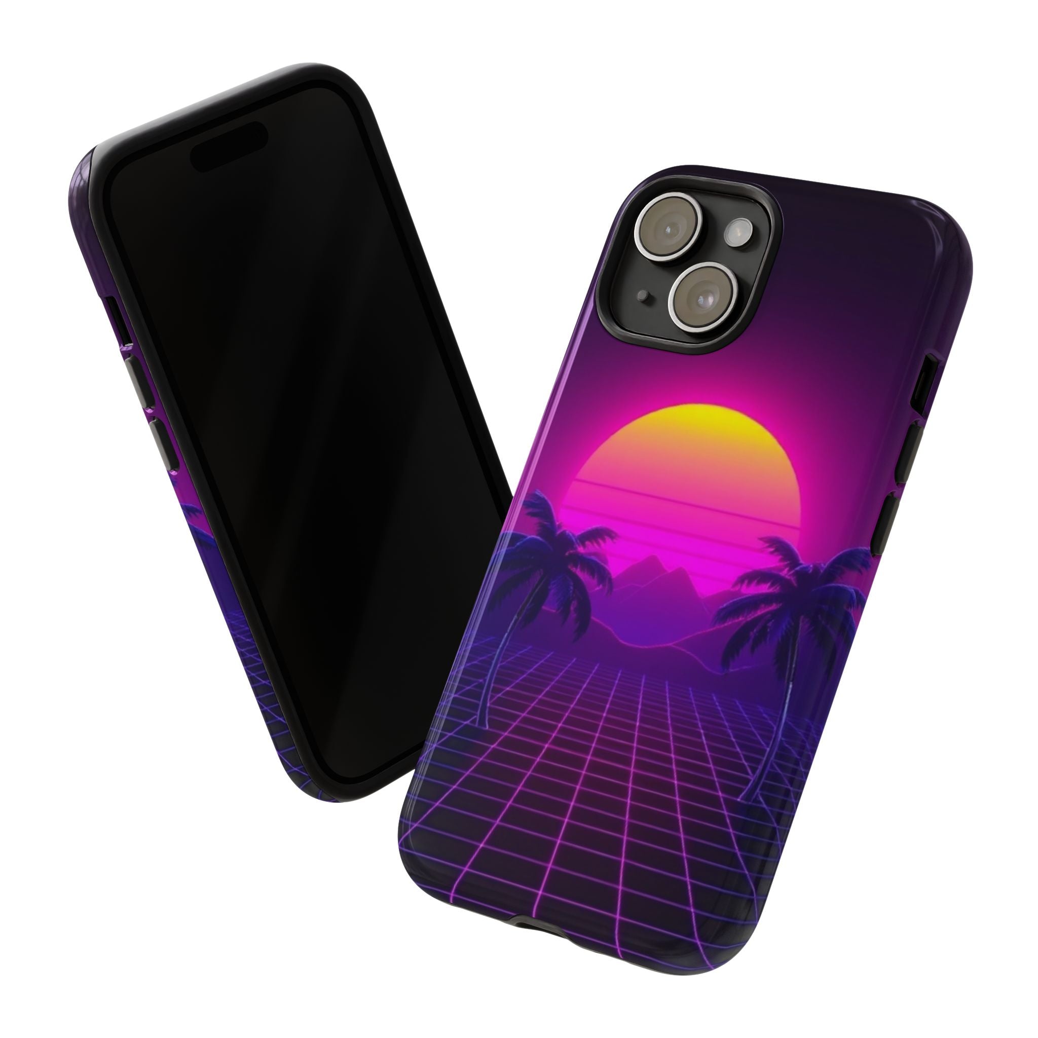 Android OR iPhone Compatible Cases - 80's Digital Grid Sunset Design - Unique Tough Cases