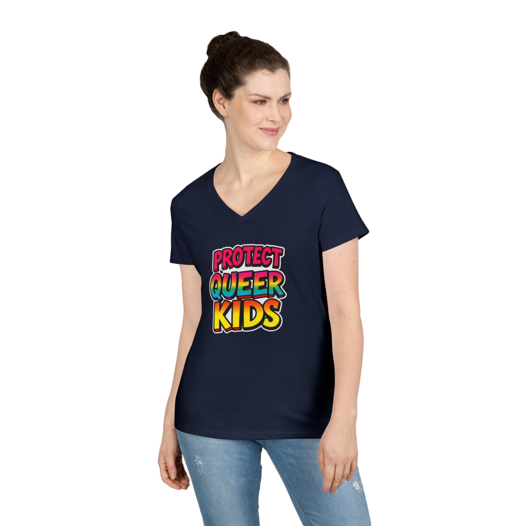 V-Neck T-Shirt: 'Protect Queer Kids' Design